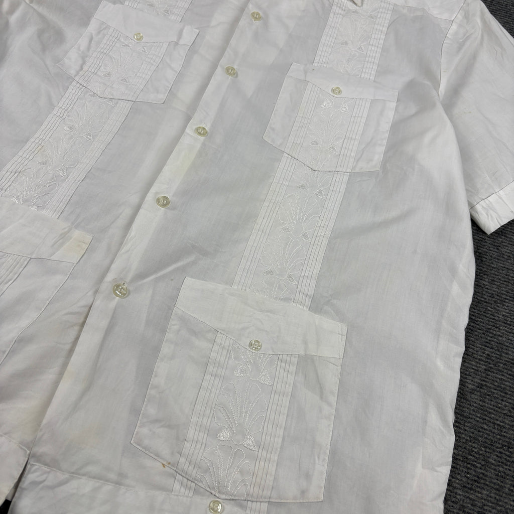 90s Retro Guayaber Cuban Shirt Men's Large White Embroidered Pattern 4 Pocket