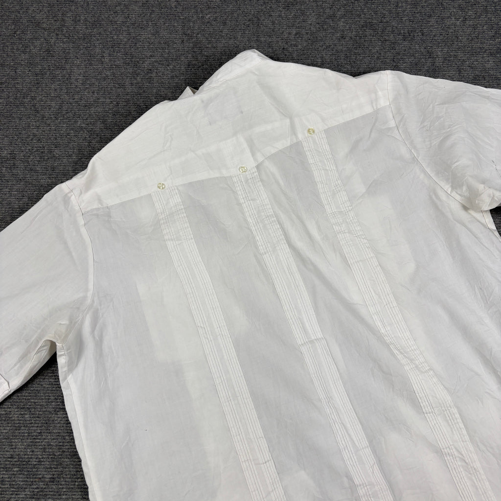90s Retro Guayaber Cuban Shirt Men's Large White Embroidered Pattern 4 Pocket