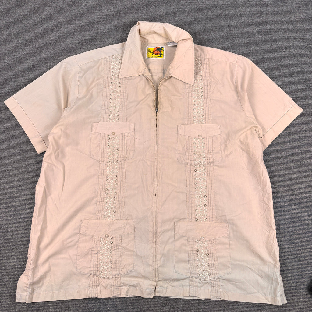 90s Retro Haband Cuban Zip Shirt Men's XL Coral Embroidered Pattern 4 Pocket