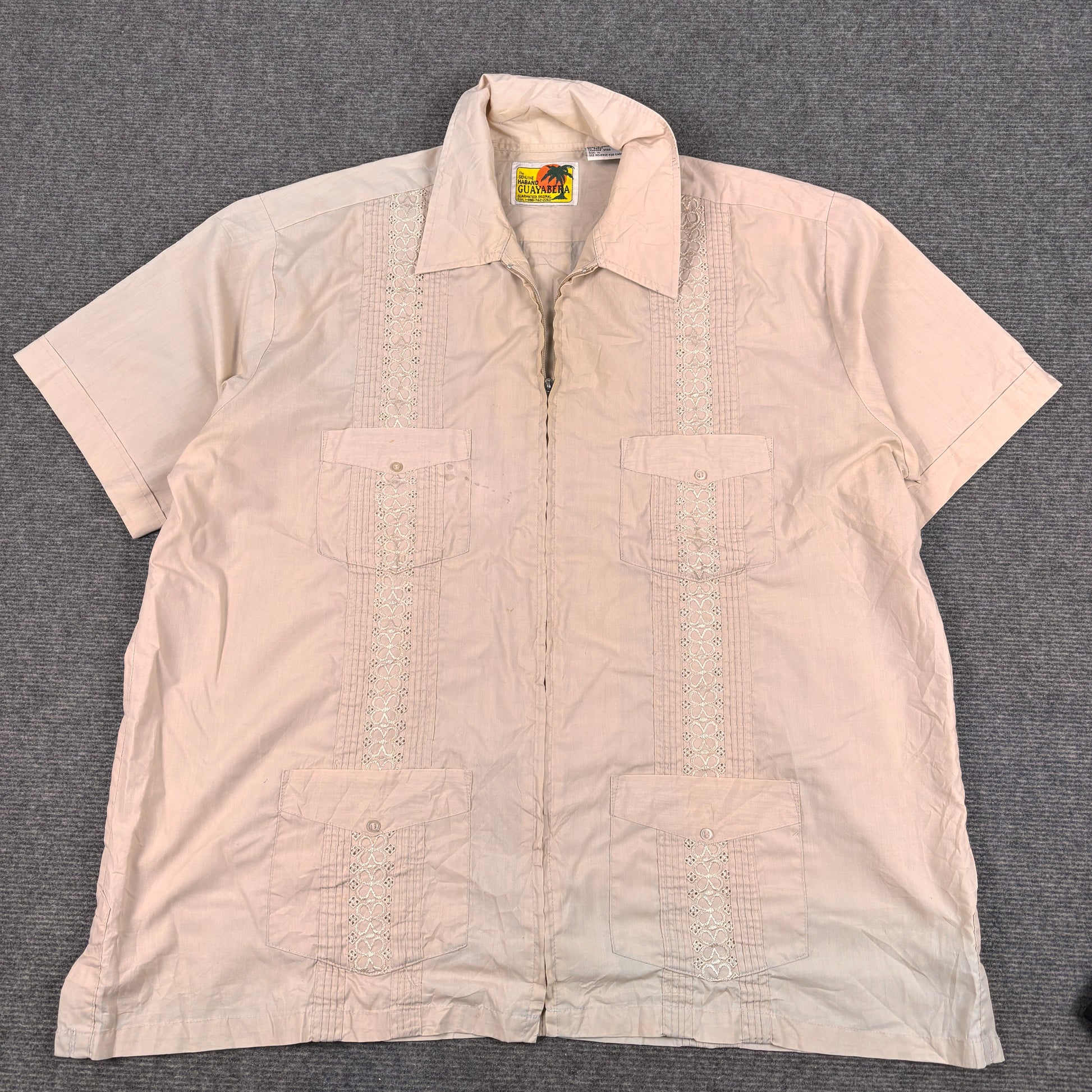 90s Retro Haband Cuban Zip Shirt Men's XL Coral Embroidered Pattern 4 Pocket