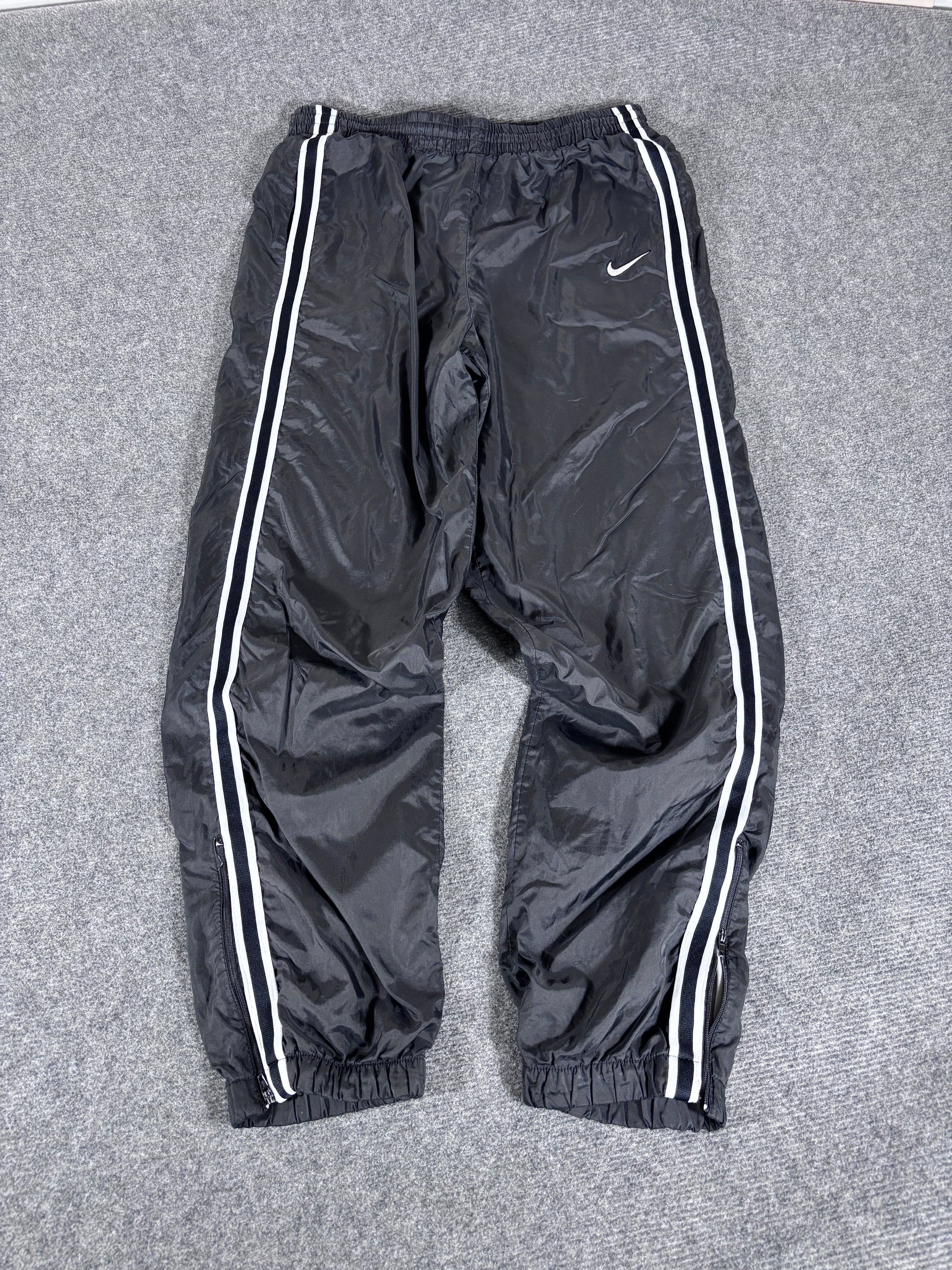 Vintage 90s Nike Track Pants Women's Size XL Black White Detail Nylon Windbreakers Ankle Zip