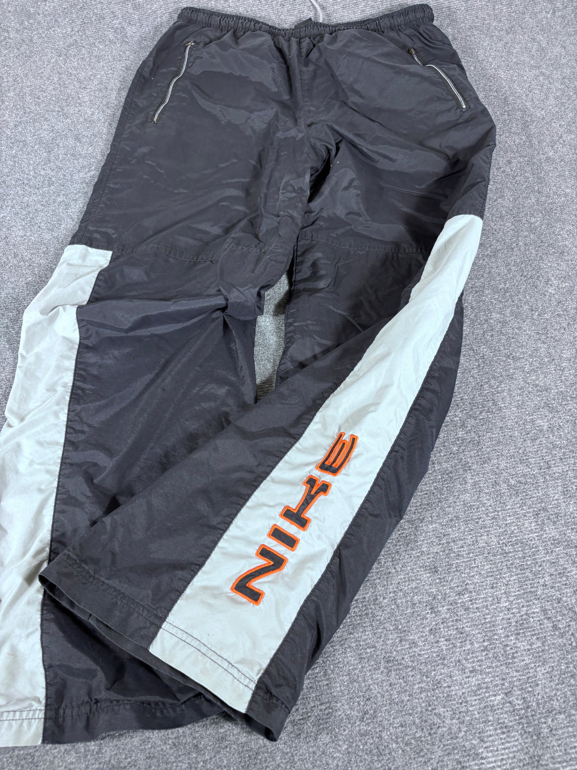 Vintage Y2K Nike Track Pants Size L Black Grey Orange Spell Out Wide Leg Ankle Zip