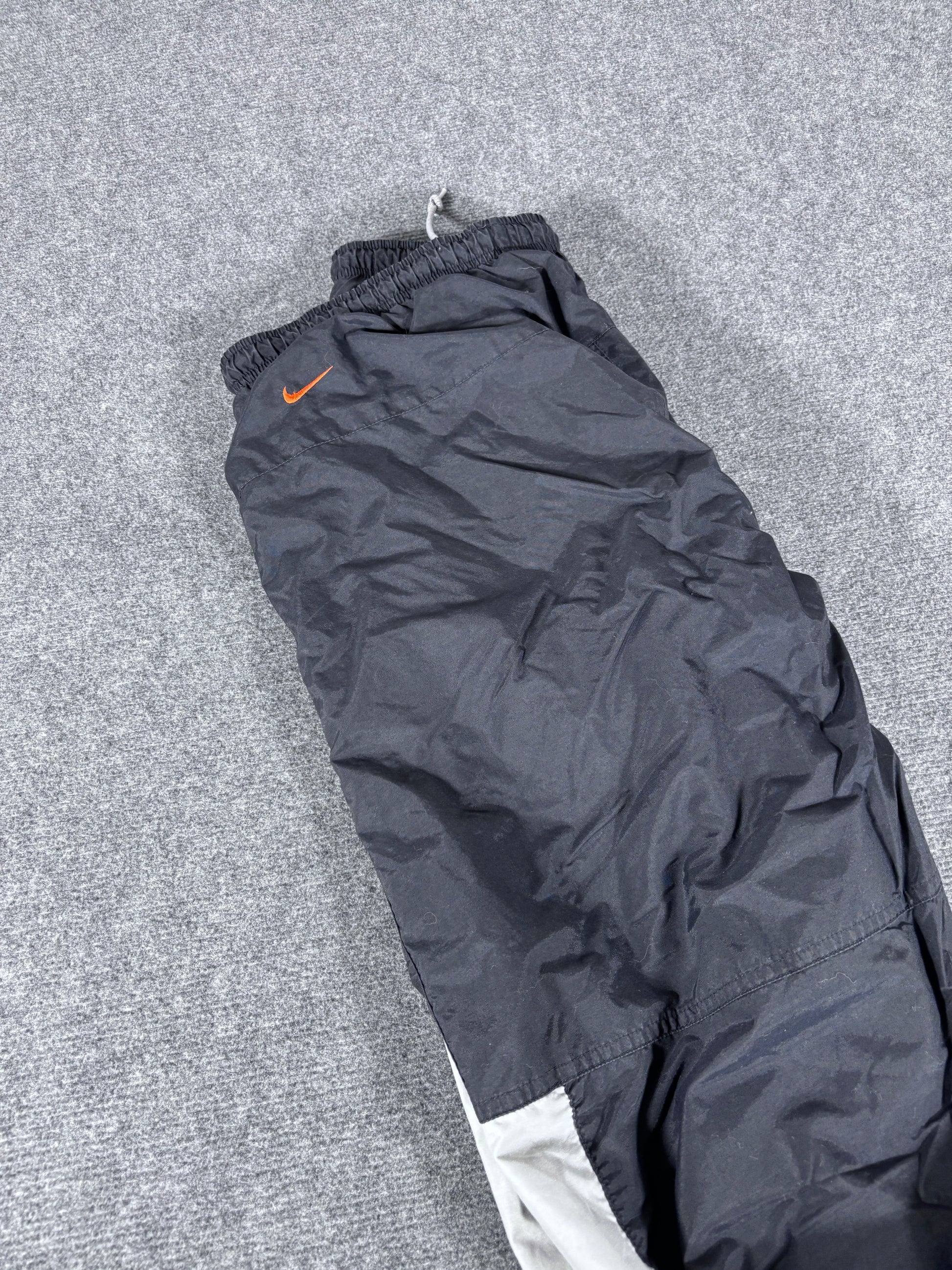 Vintage Y2K Nike Track Pants Size L Black Grey Orange Spell Out Wide Leg Ankle Zip