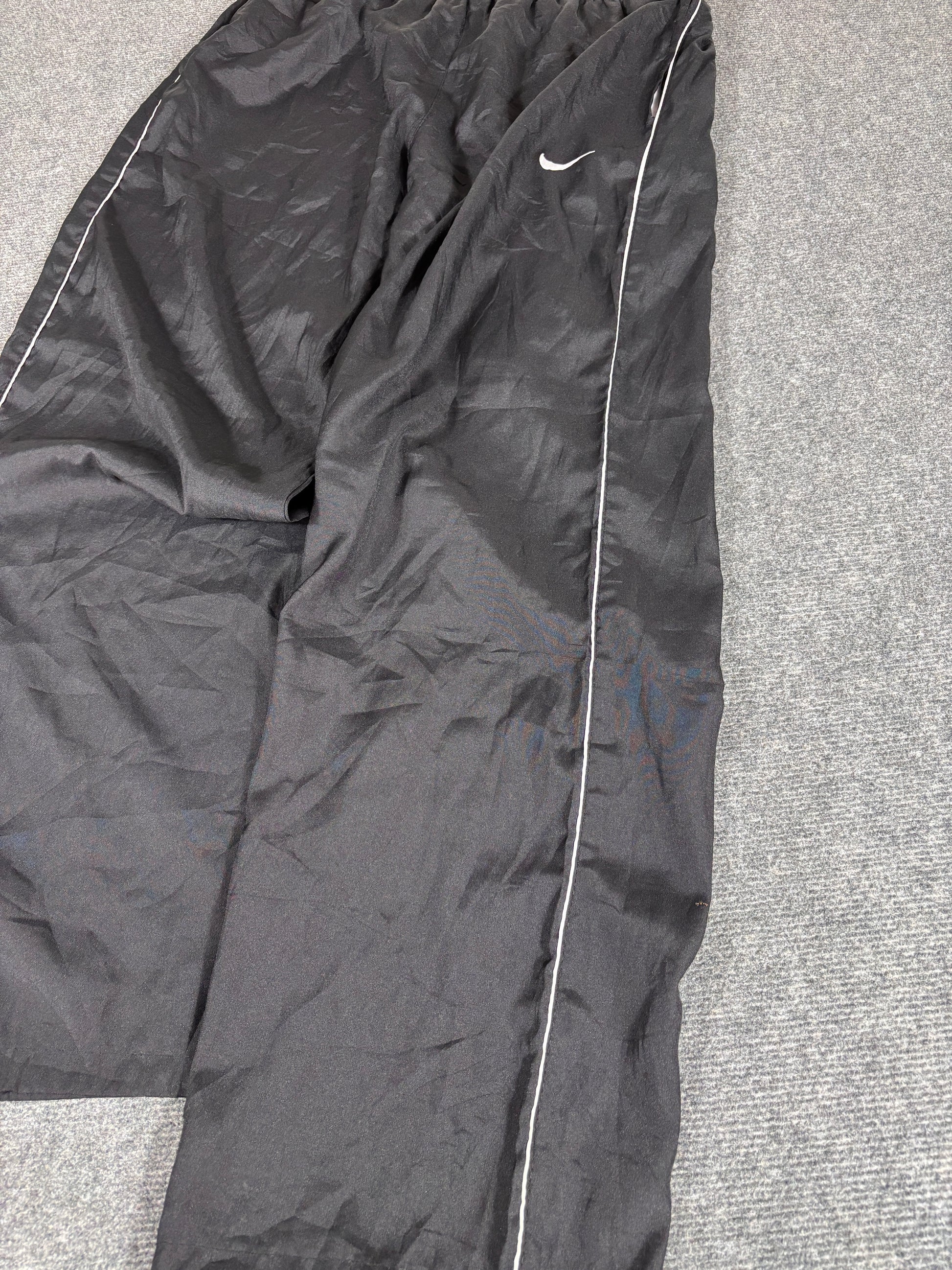 Vintage 90s Nike Track Pants Men’s M Black White Piping Swoosh Baggy Wide Bungee