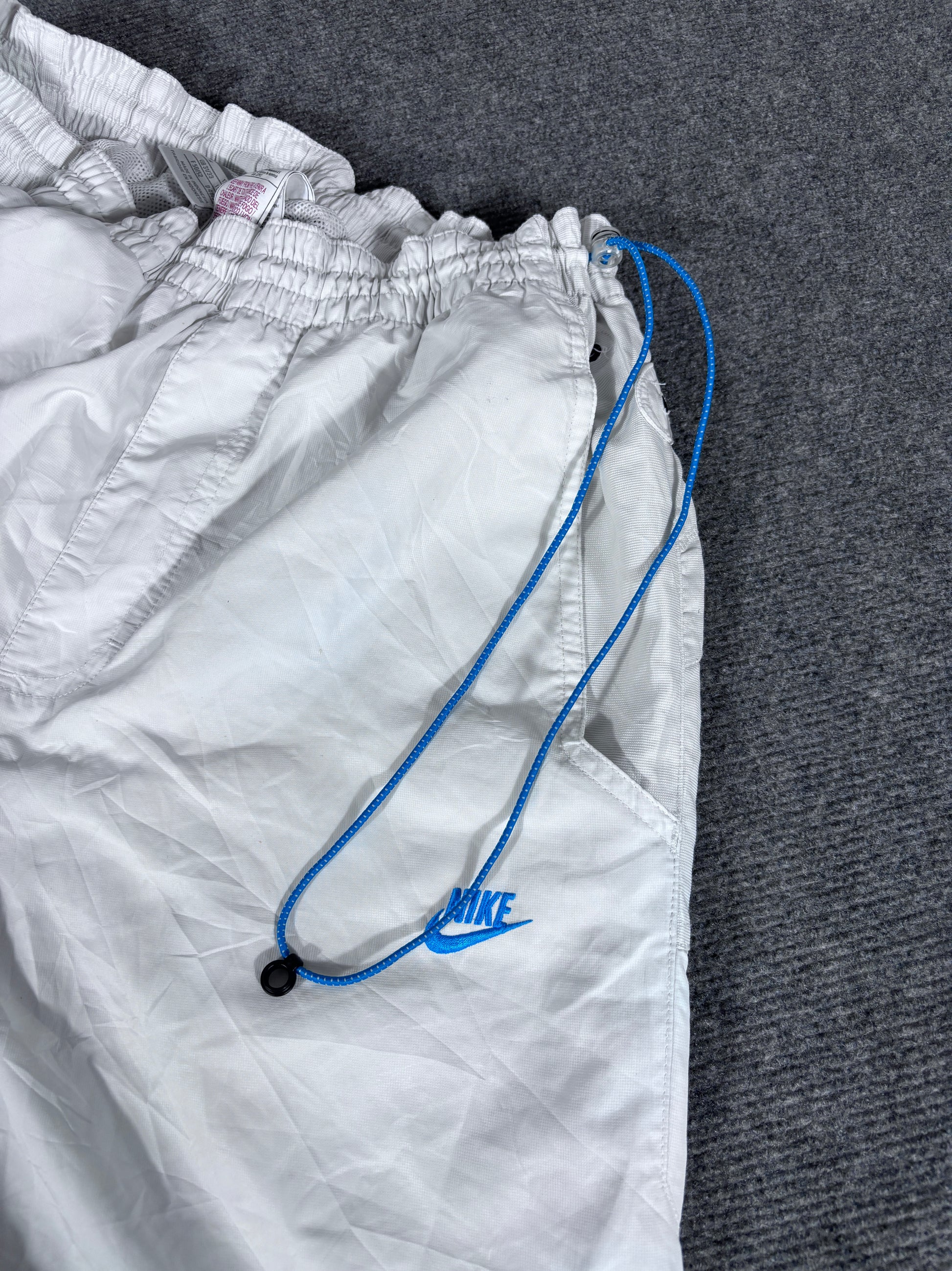 Vintage Y2K Nike Track Pants Size M White Blue Bungee Ties Wide Leg Baggy