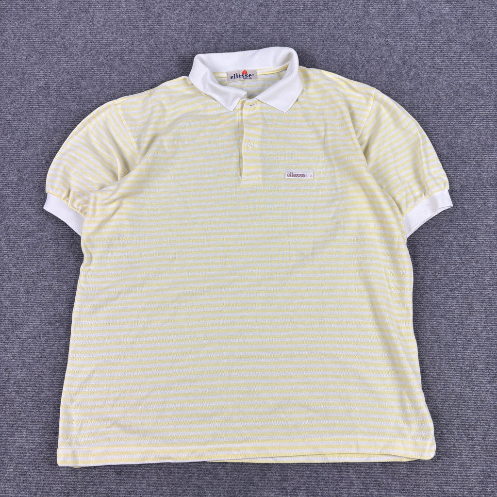 80s Ellesse Polo Shirt Men's Large Yellow White Striped Made in Italy
