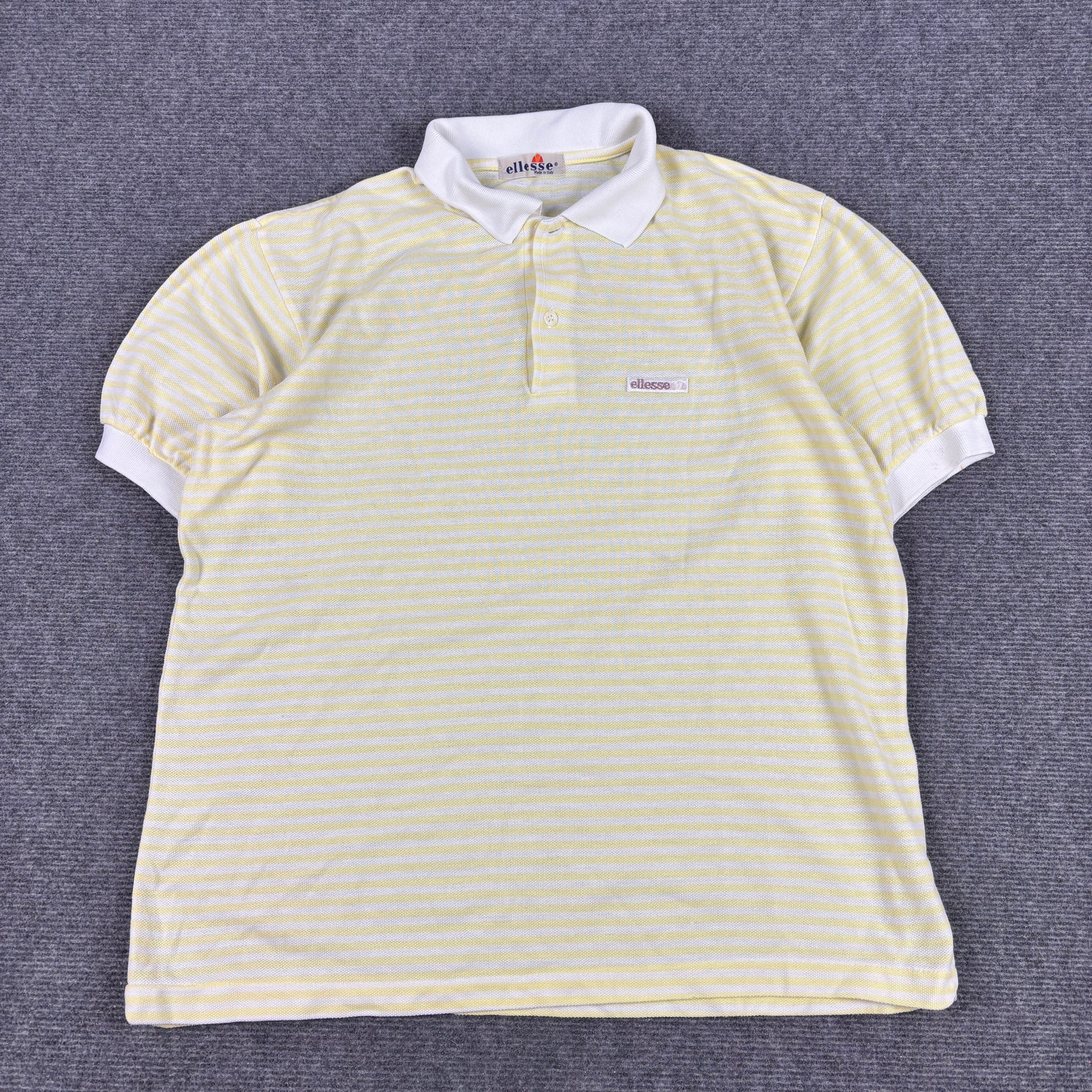 80s Ellesse Polo Shirt Men's Large Yellow White Striped Made in Italy