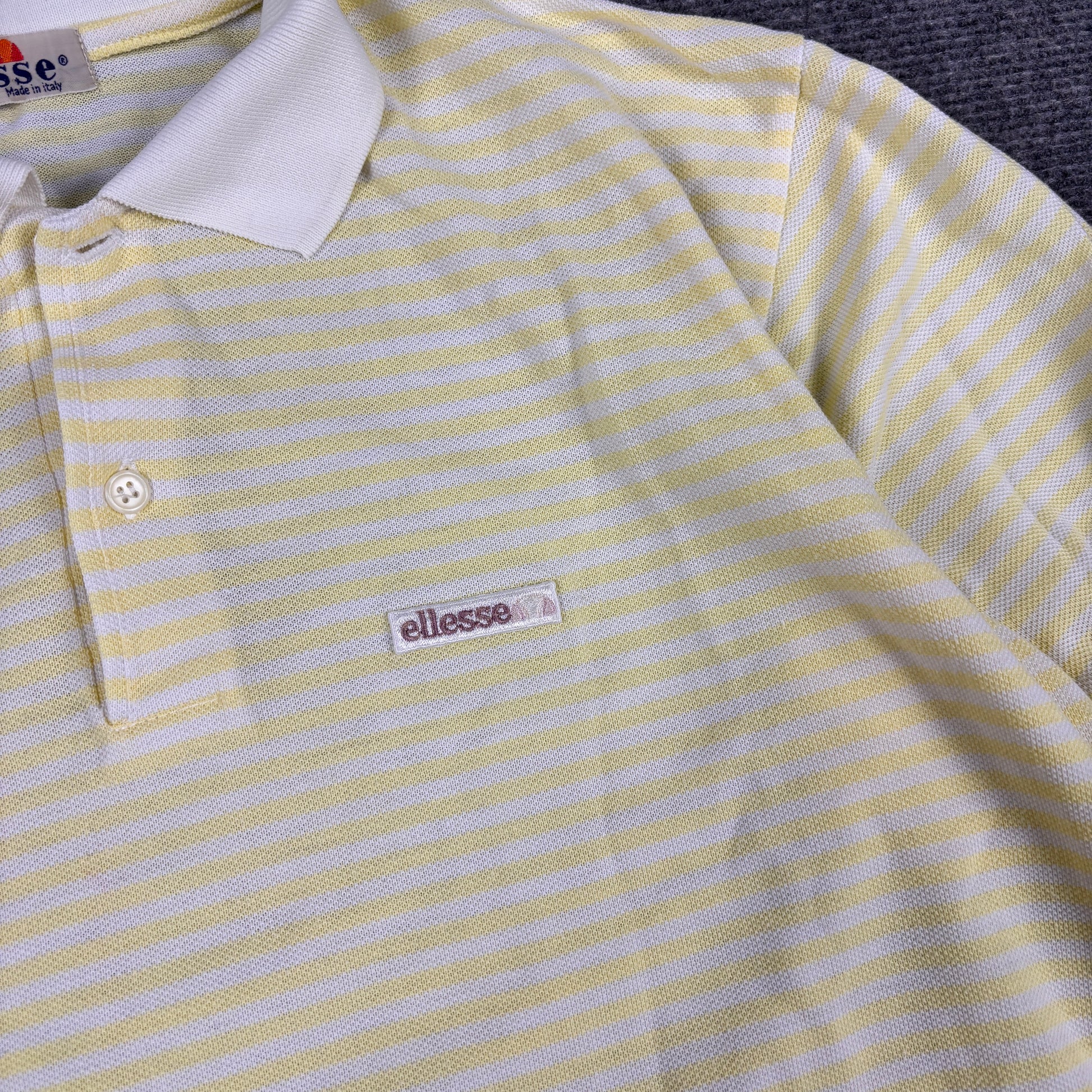 80s Ellesse Polo Shirt Men's Large Yellow White Striped Made in Italy