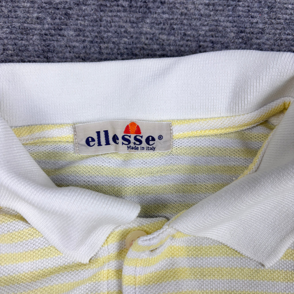 80s Ellesse Polo Shirt Men's Large Yellow White Striped Made in Italy
