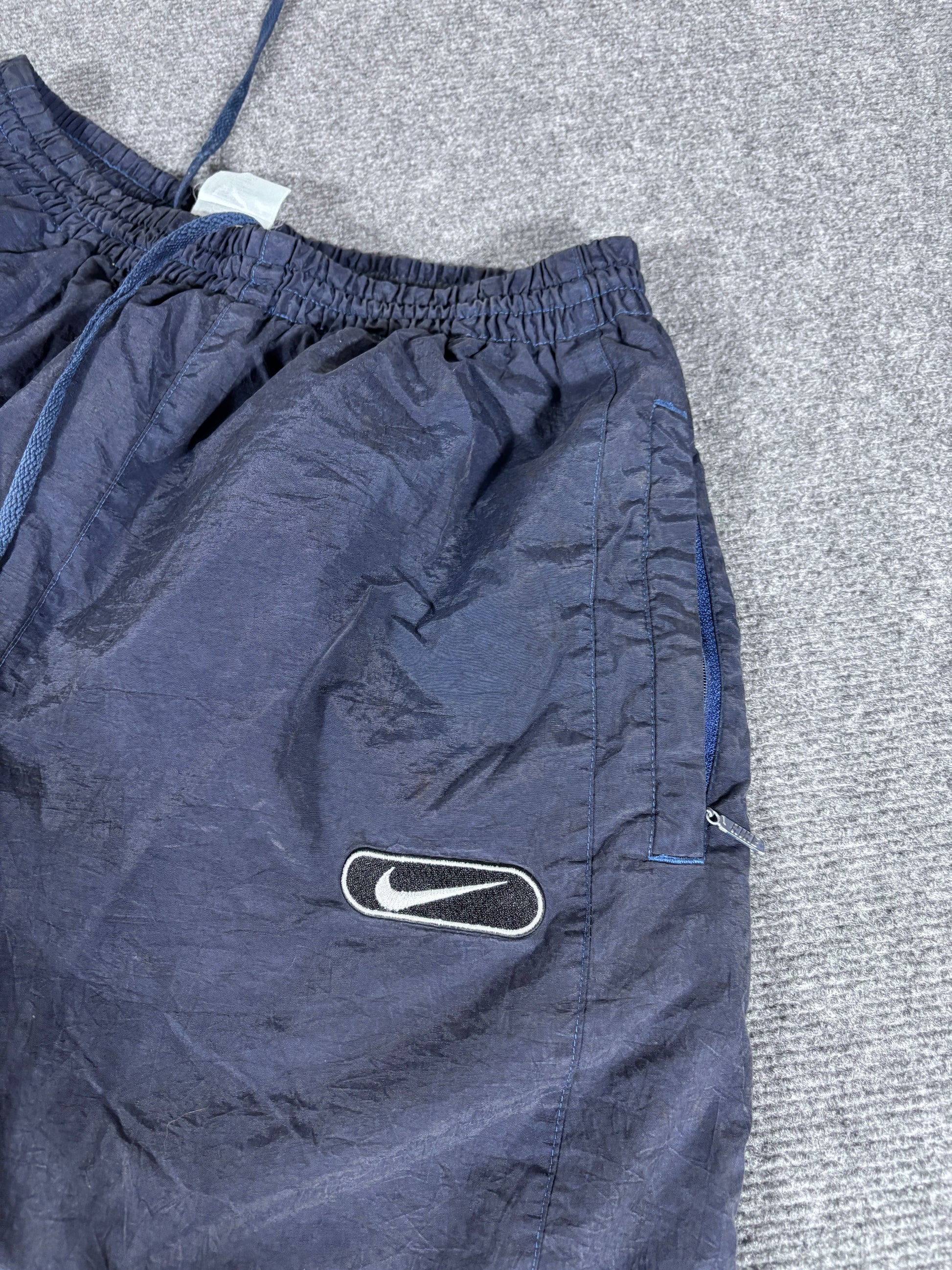 Vintage 90s Nike Track Pants Men’s XL Navy Badge Logo Wide Leg Parachute Style
