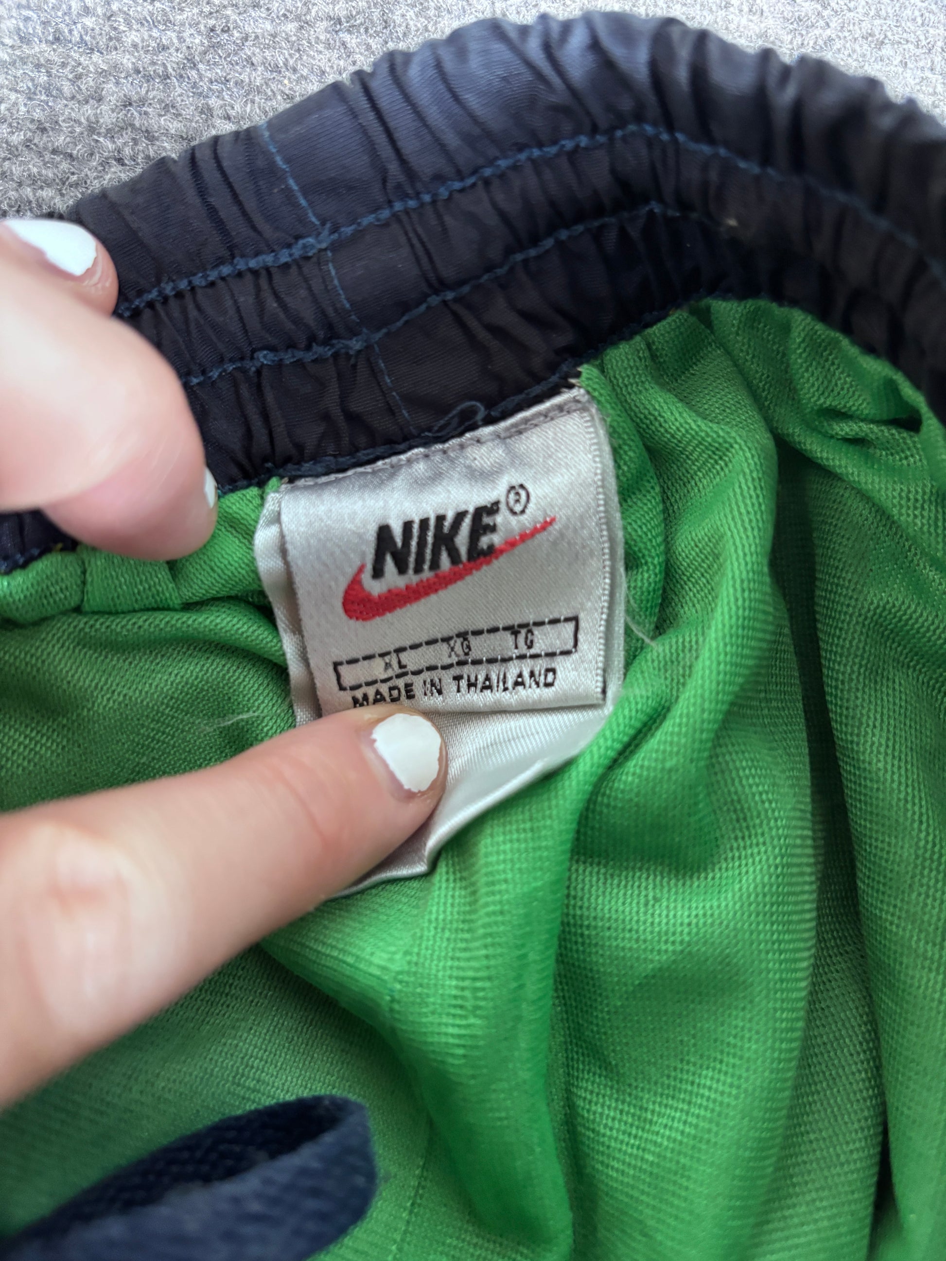 Vintage 90s Nike Track Pants Men’s XL Navy Badge Logo Wide Leg Parachute Style