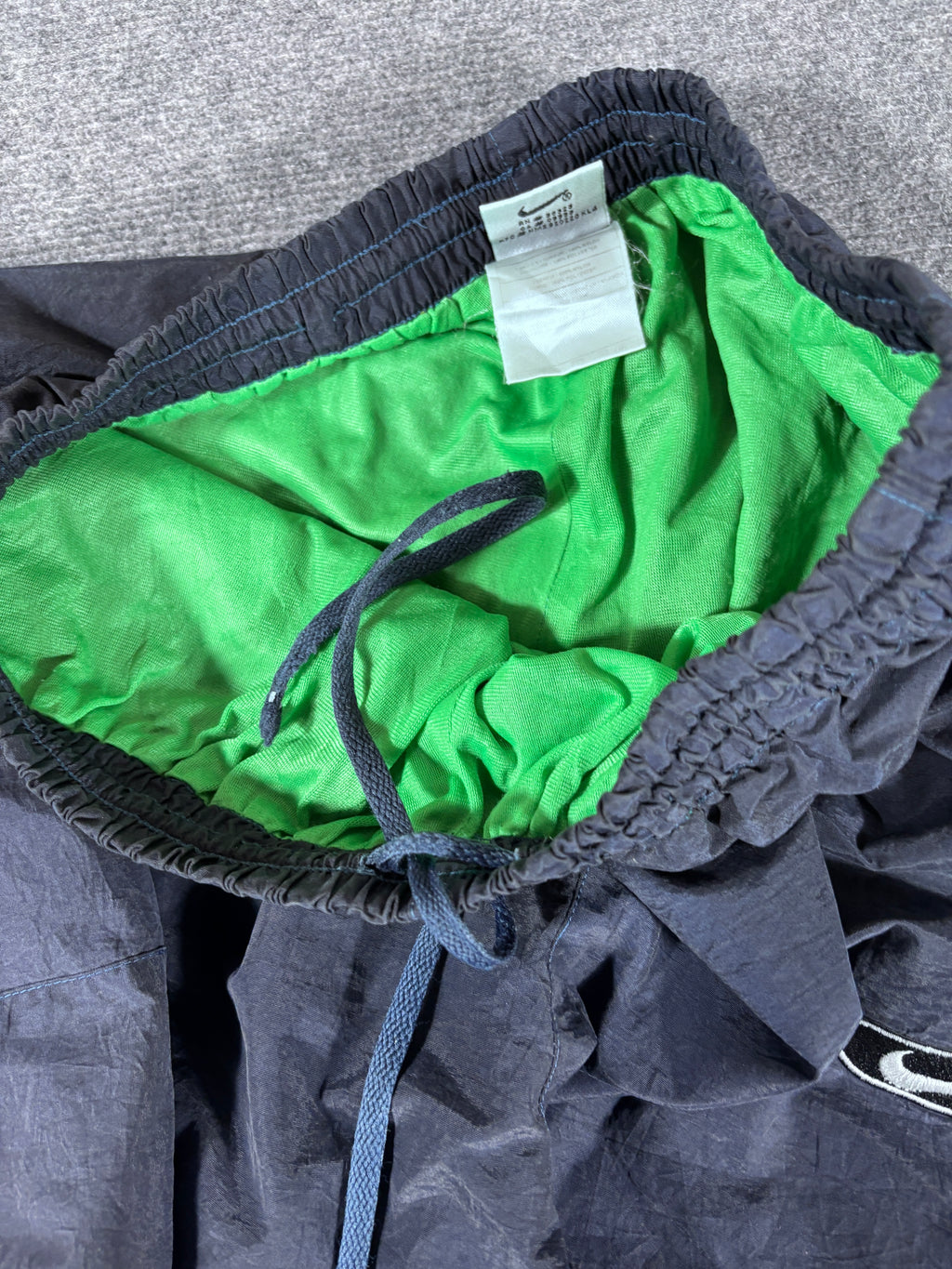 Vintage 90s Nike Track Pants Men’s XL Navy Badge Logo Wide Leg Parachute Style