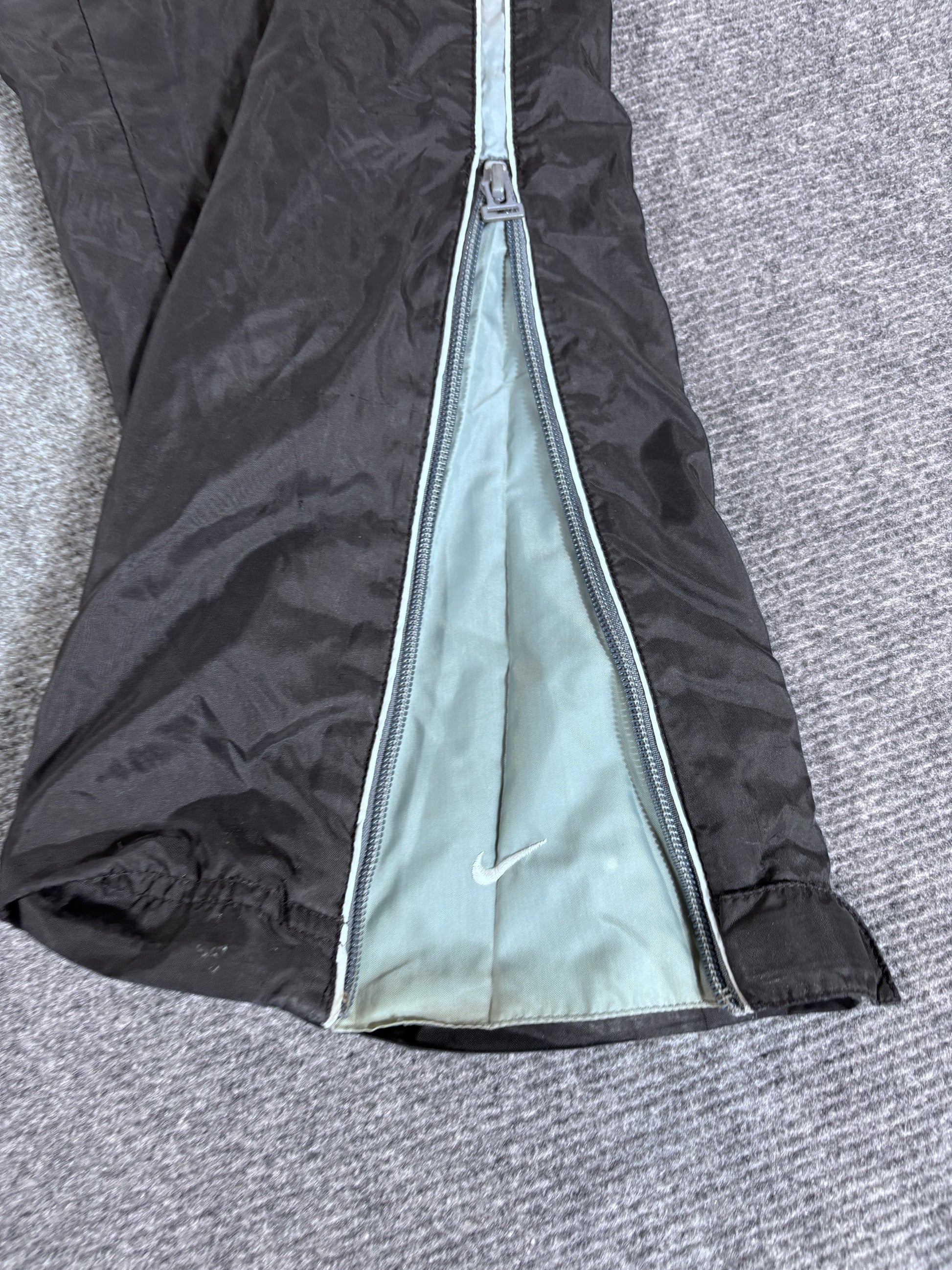 Vintage 90s Nike Track Pants Size M Black Green Wide Leg Ankle Swoosh Nylon Style