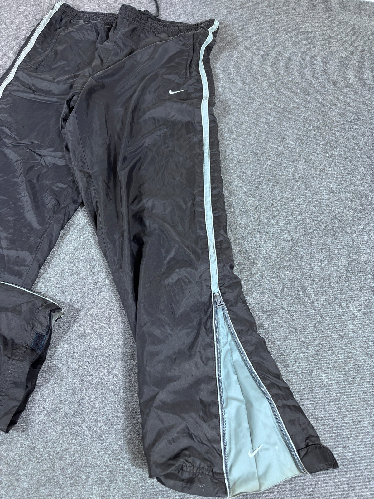 Vintage 90s Nike Track Pants Size M Black Green Wide Leg Ankle Swoosh Nylon Style