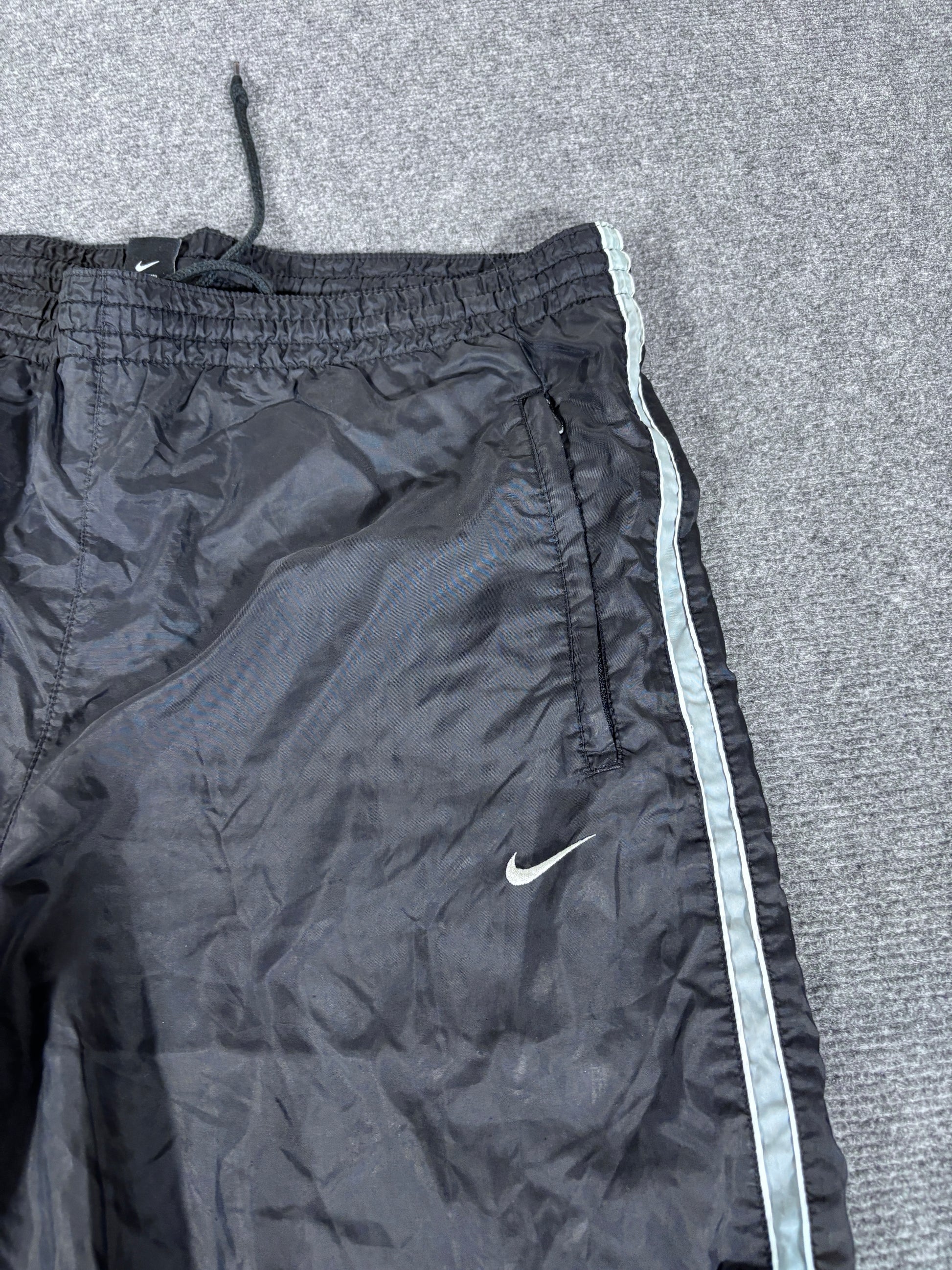 Vintage 90s Nike Track Pants Size M Black Green Wide Leg Ankle Swoosh Nylon Style