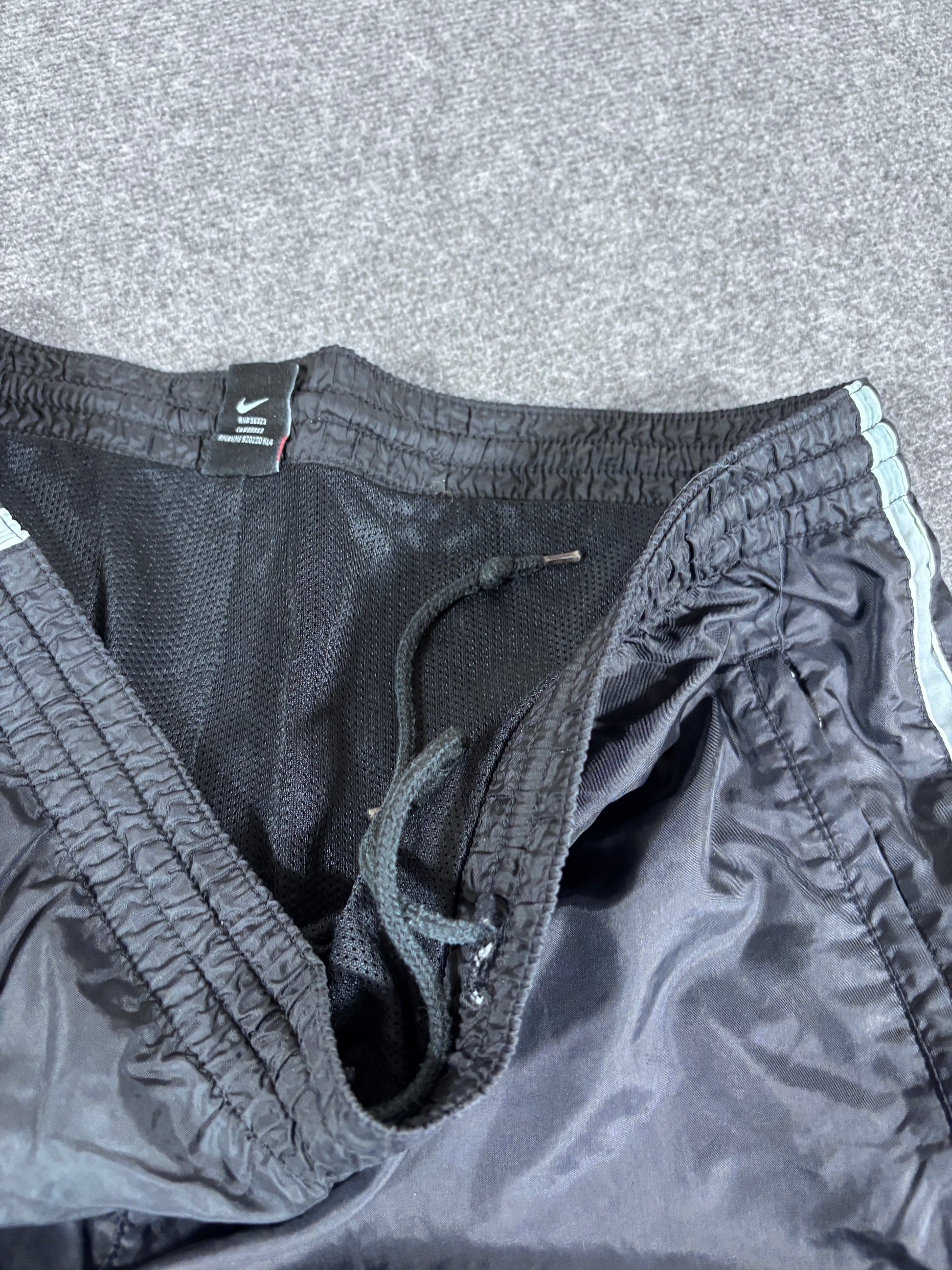 Vintage 90s Nike Track Pants Size M Black Green Wide Leg Ankle Swoosh Nylon Style