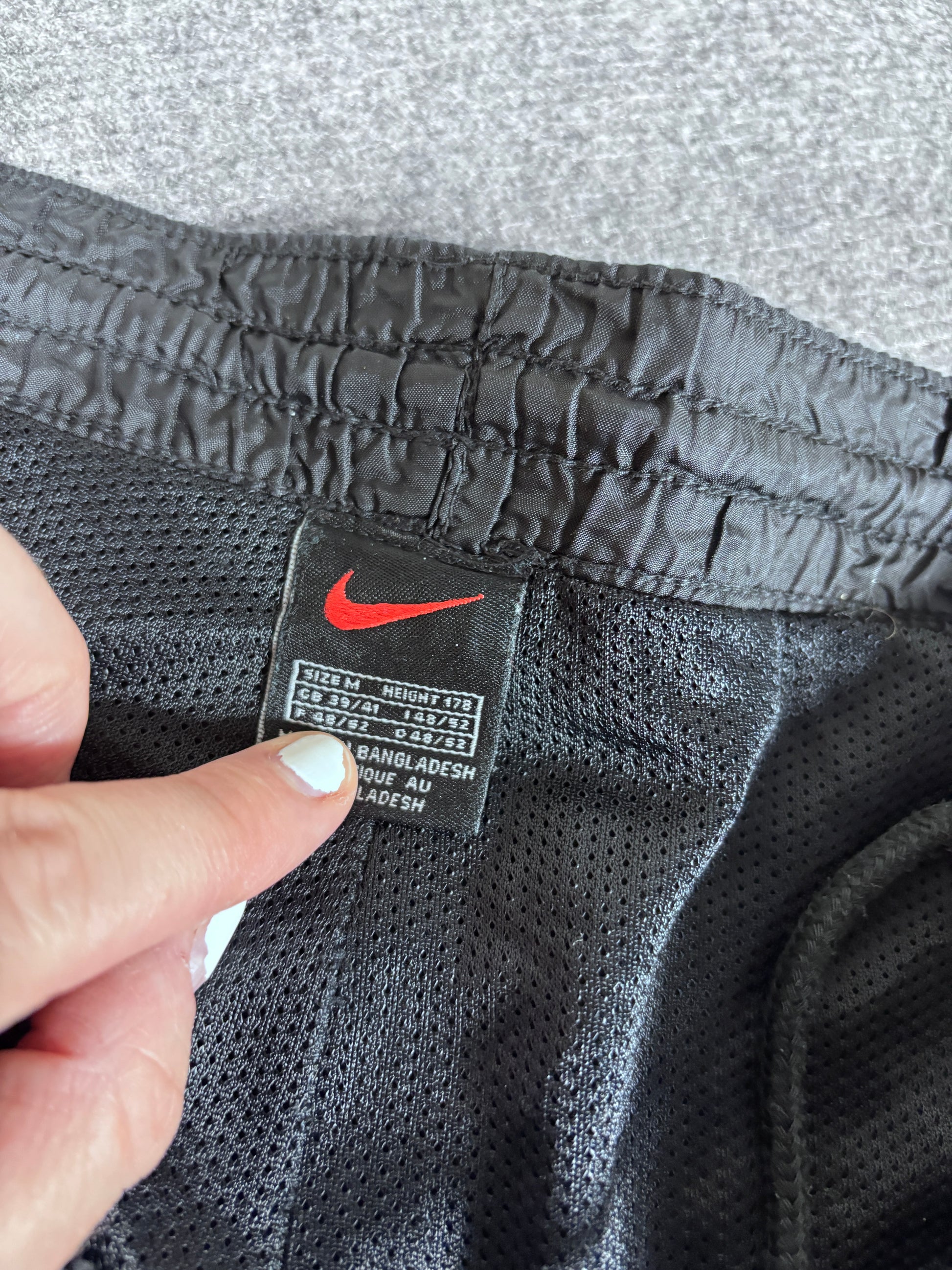 Vintage 90s Nike Track Pants Size M Black Green Wide Leg Ankle Swoosh Nylon Style