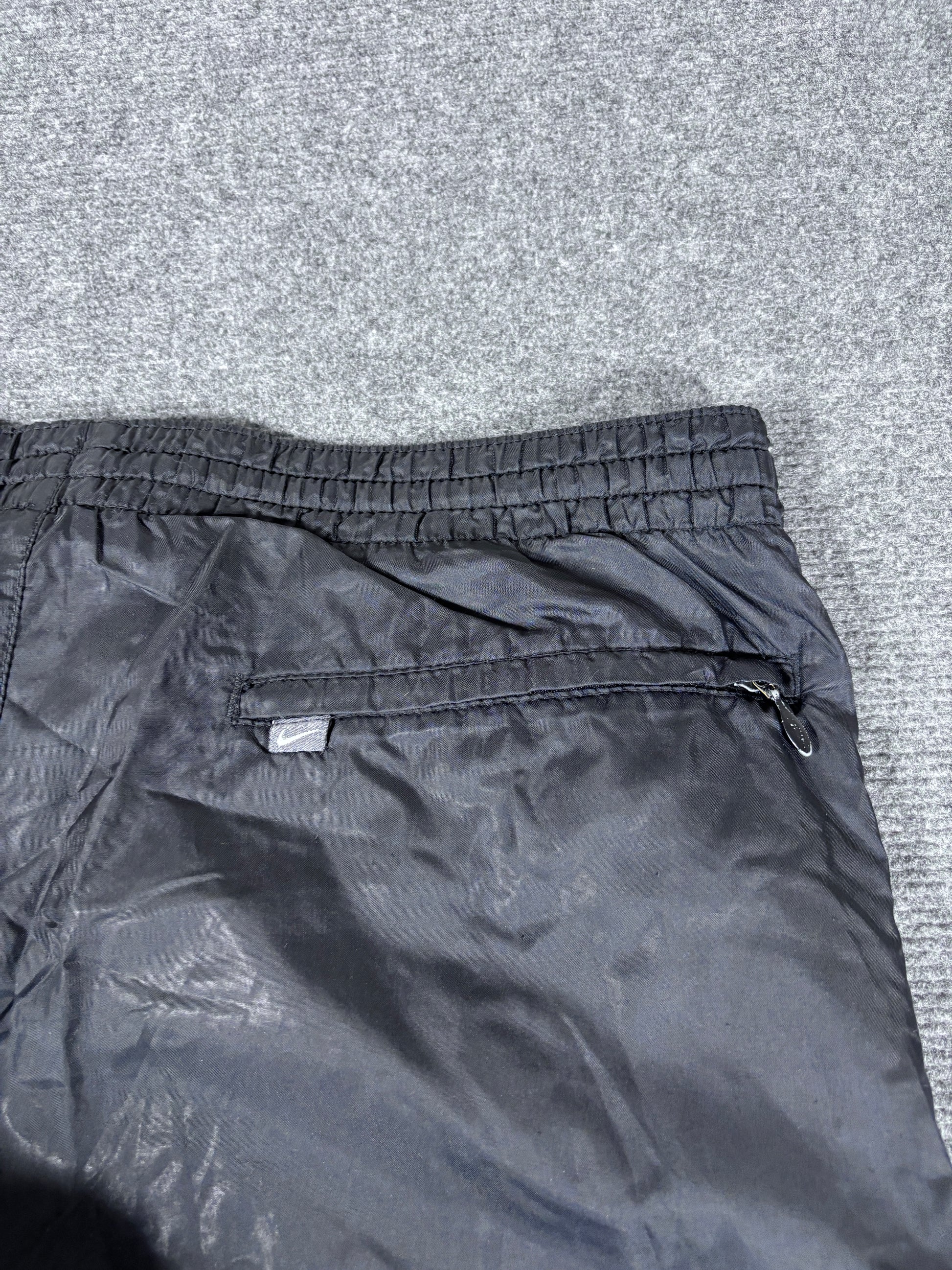 Vintage 90s Nike Track Pants Size M Black Green Wide Leg Ankle Swoosh Nylon Style