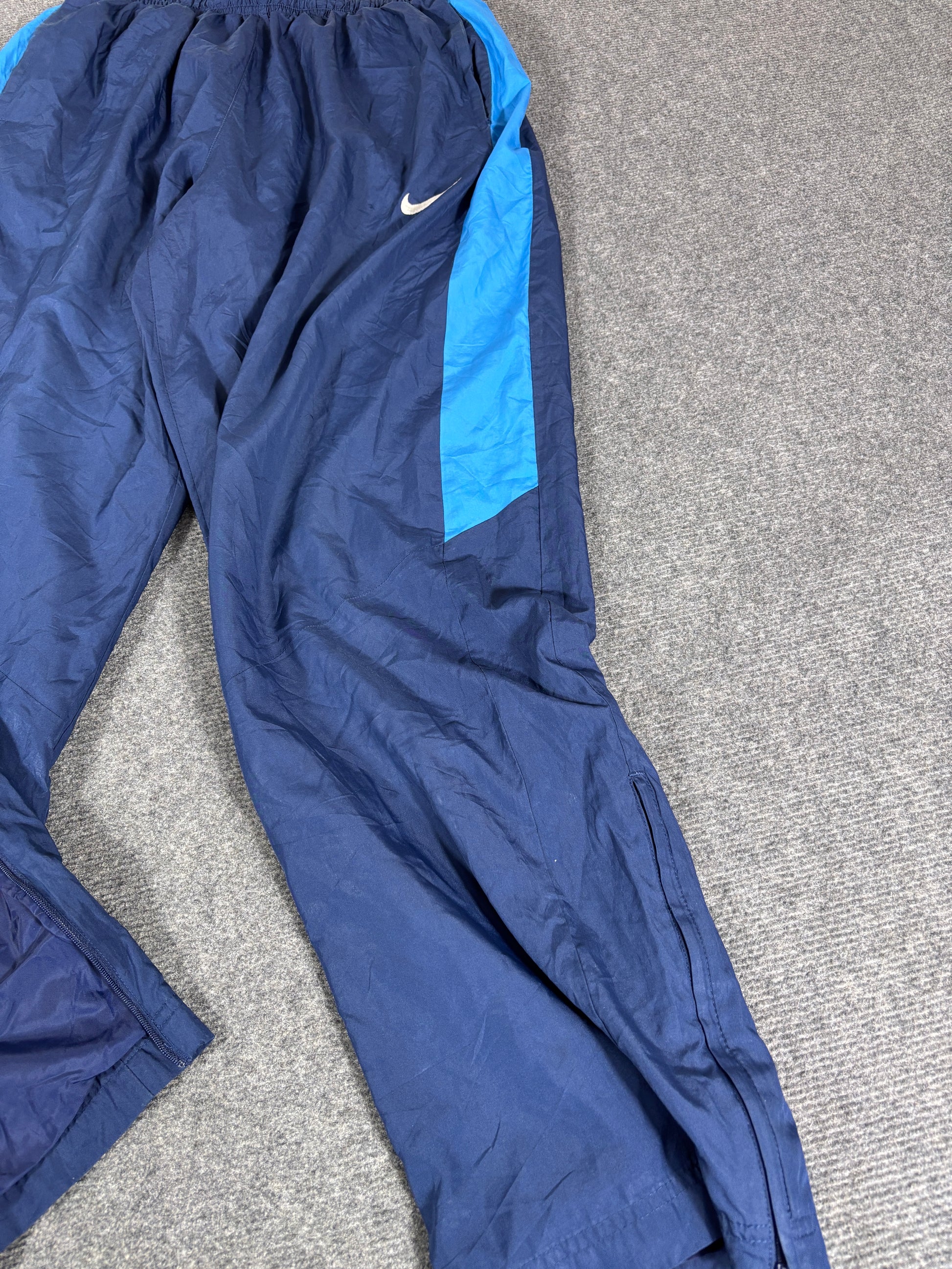 Vintage Y2K Nike Track Pants Men’s L Navy Blue White Swoosh Baggy Wide Leg Ankle Zip