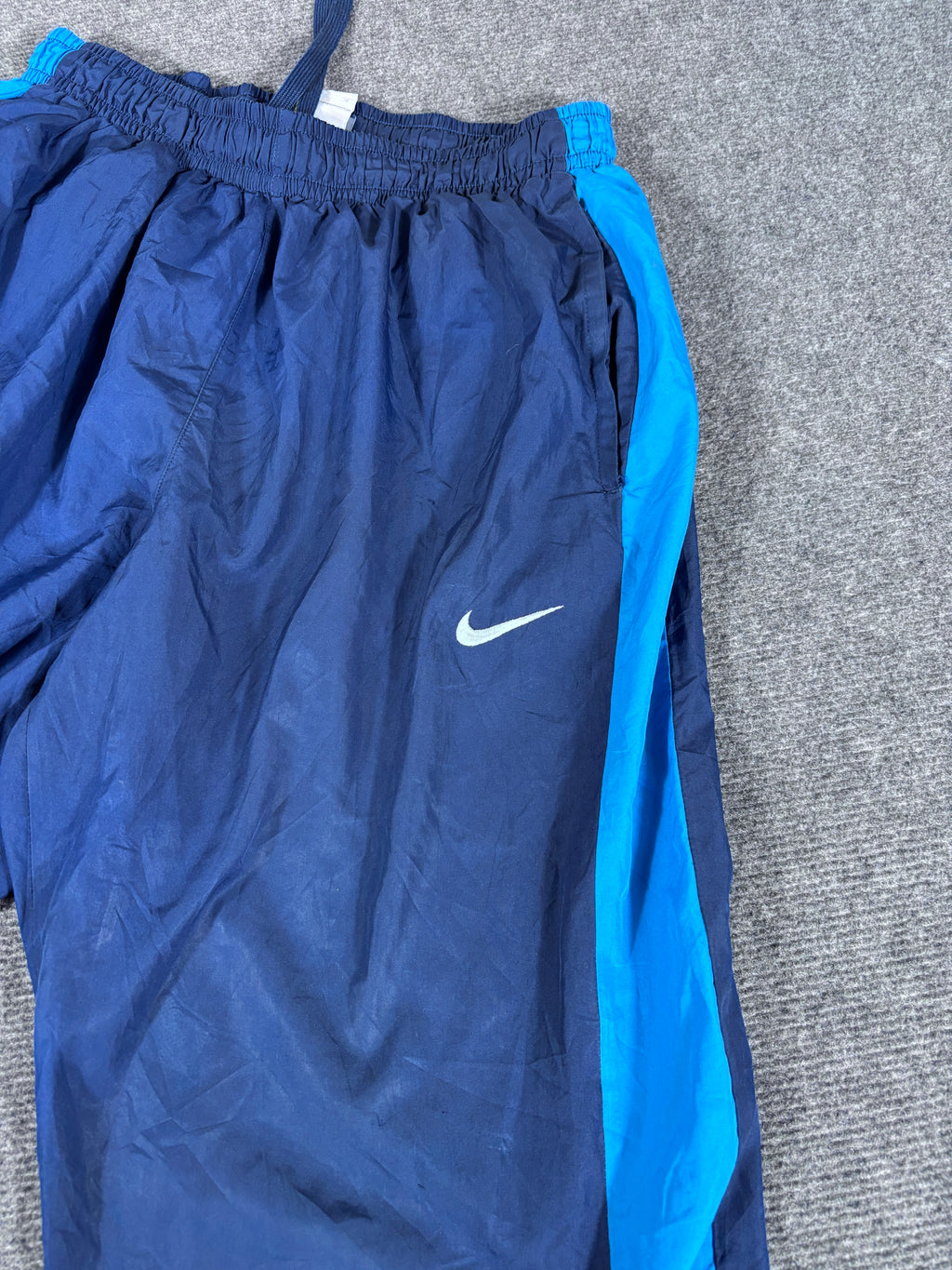 Vintage Y2K Nike Track Pants Men’s L Navy Blue White Swoosh Baggy Wide Leg Ankle Zip