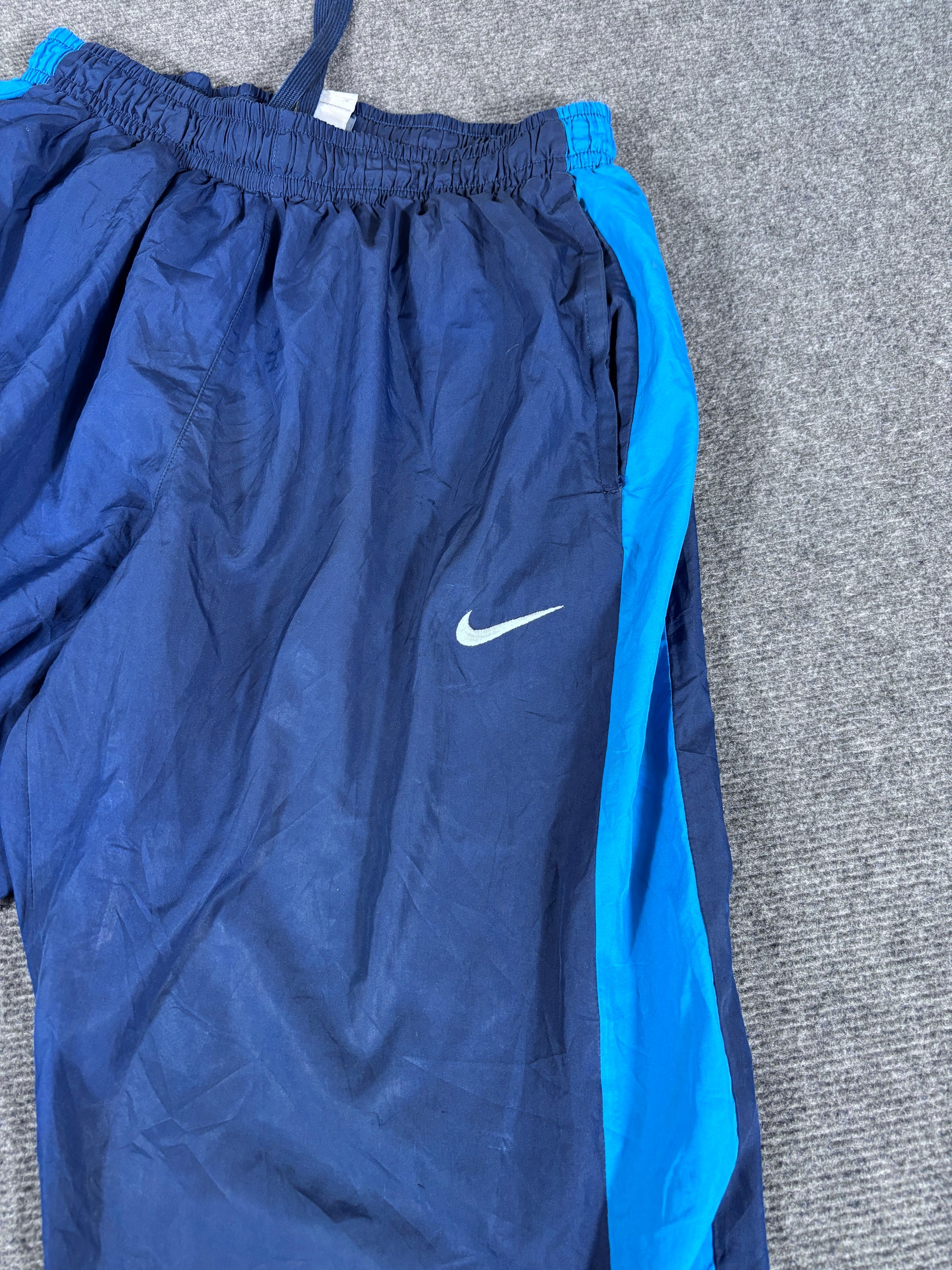 Vintage Y2K Nike Track Pants Men’s L Navy Blue White Swoosh Baggy Wide Leg Ankle Zip