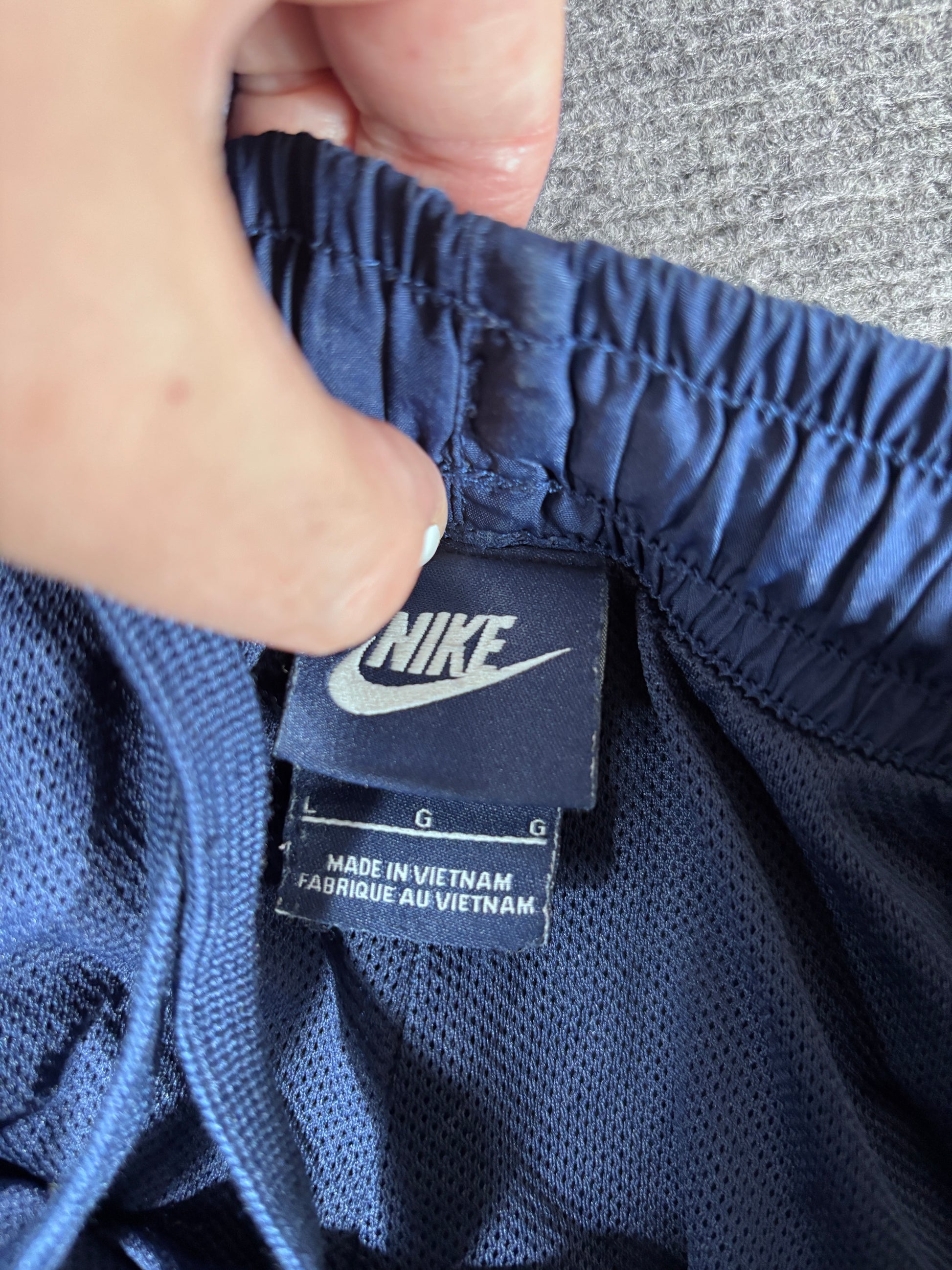 Vintage Y2K Nike Track Pants Men’s L Navy Blue White Swoosh Baggy Wide Leg Ankle Zip