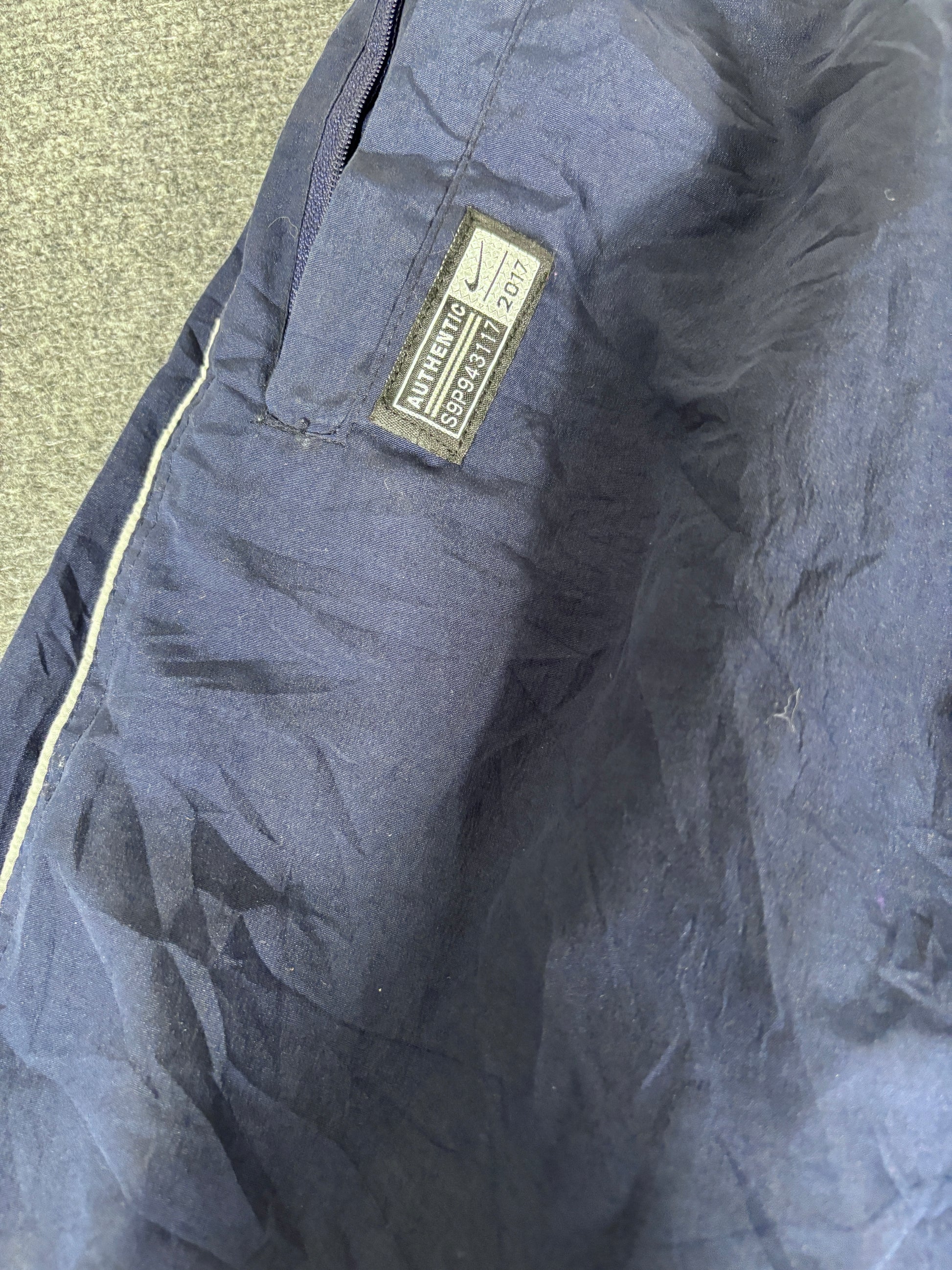 Vintage 90s Nike Track Pants Size XL Navy Badge Swoosh Spell Out Wide Leg Ankle Zip