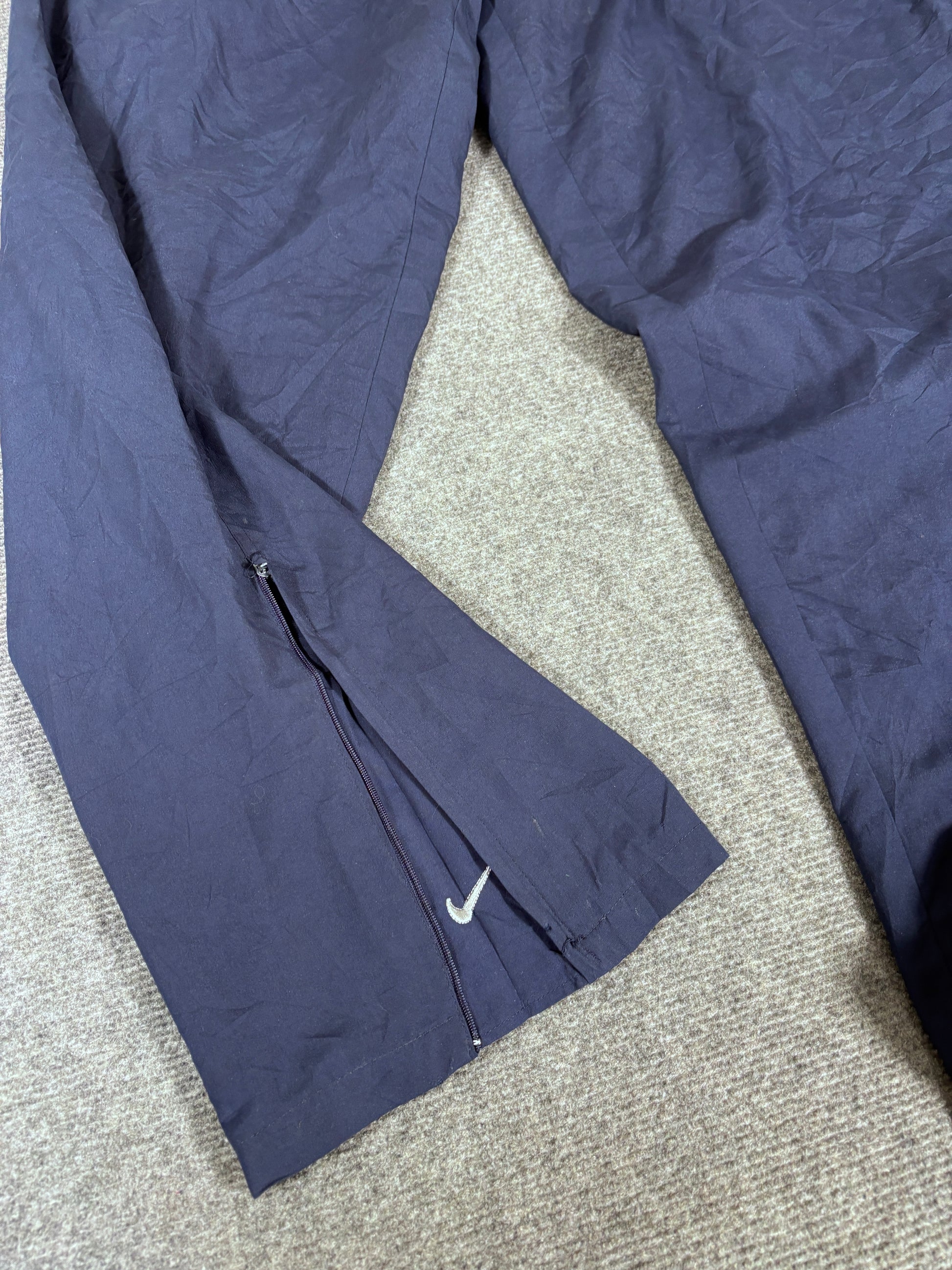 Vintage 90s Nike Track Pants Size XL Navy Badge Swoosh Spell Out Wide Leg Ankle Zip