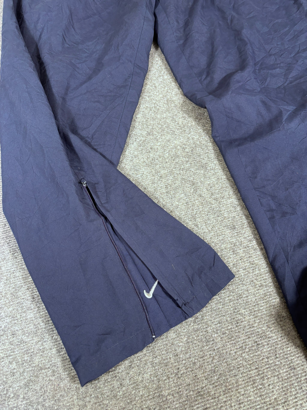 Vintage 90s Nike Track Pants Size XL Navy Badge Swoosh Spell Out Wide Leg Ankle Zip