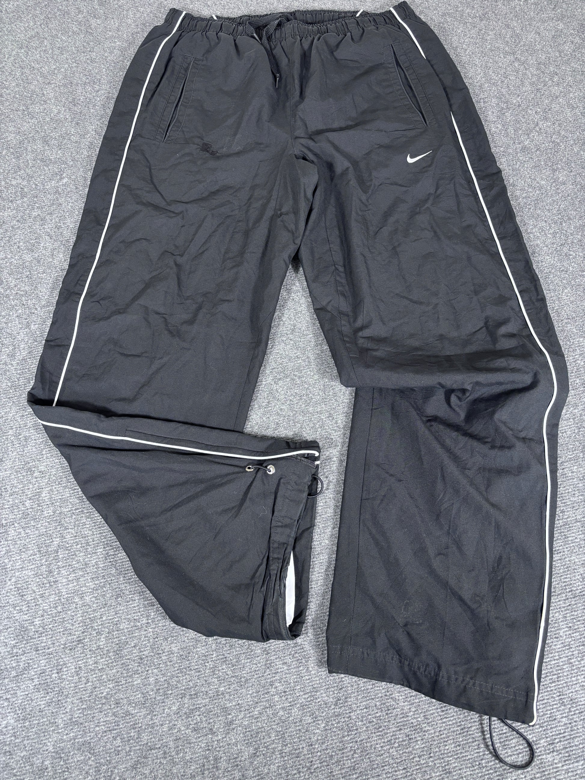 Vintage Y2K Nike Track Pants Size M Black White Piping Wide Leg Bungee Ankle Zip