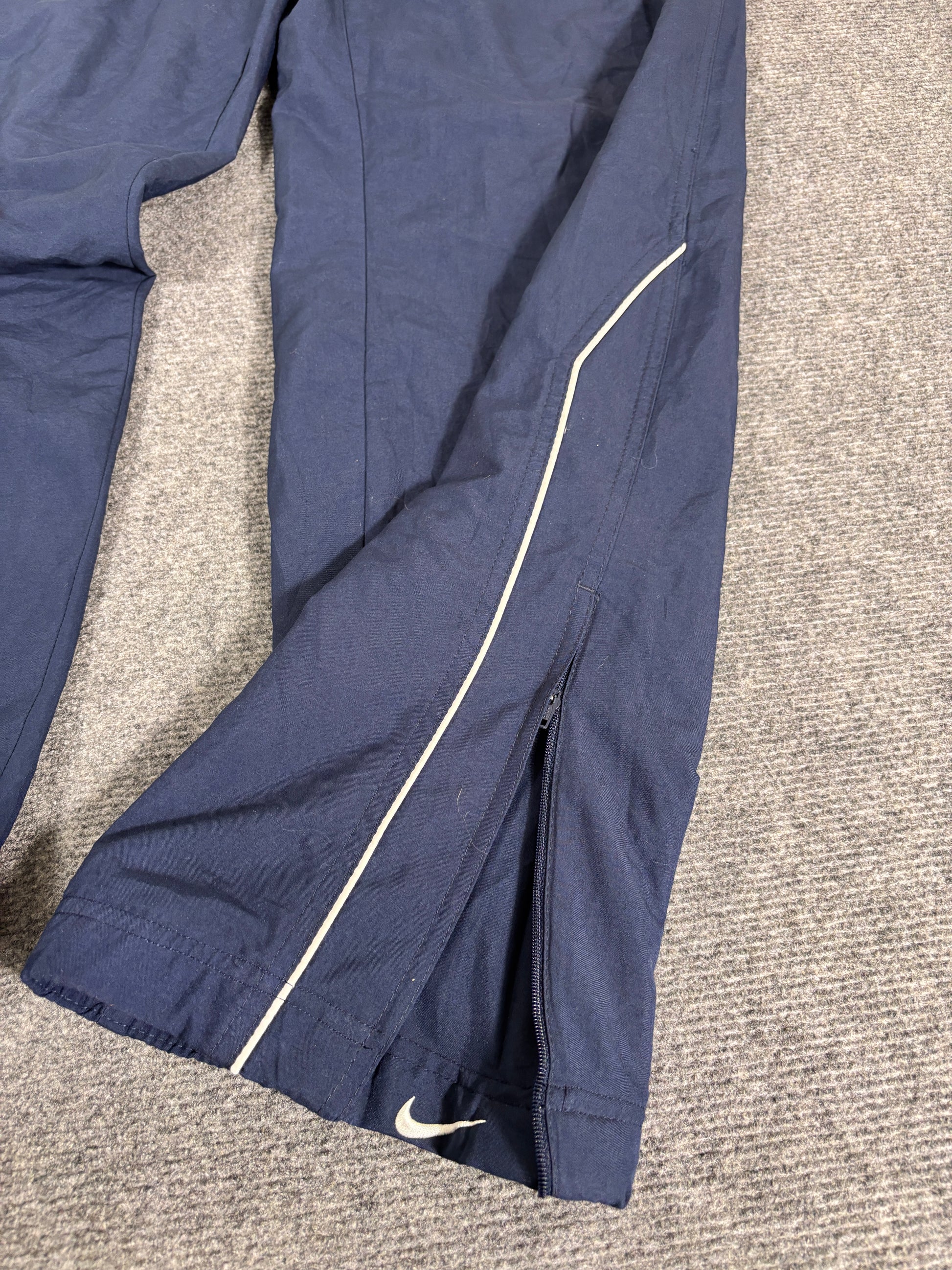 Vintage Y2K Nike Track Pants Size M Navy White Piping Swoosh Wide Leg + Ankle Swoosh
