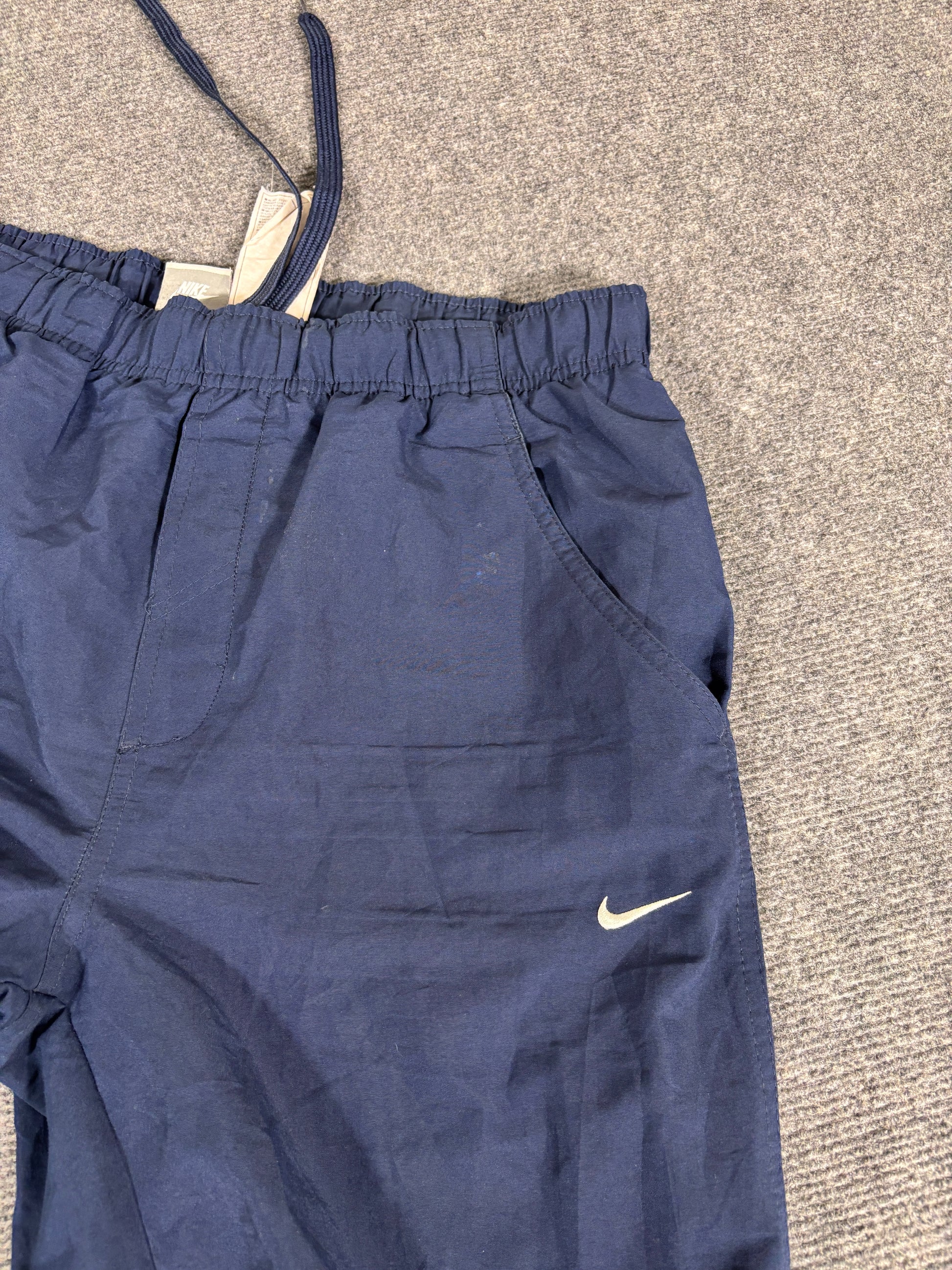 Vintage Y2K Nike Track Pants Size M Navy White Piping Swoosh Wide Leg + Ankle Swoosh
