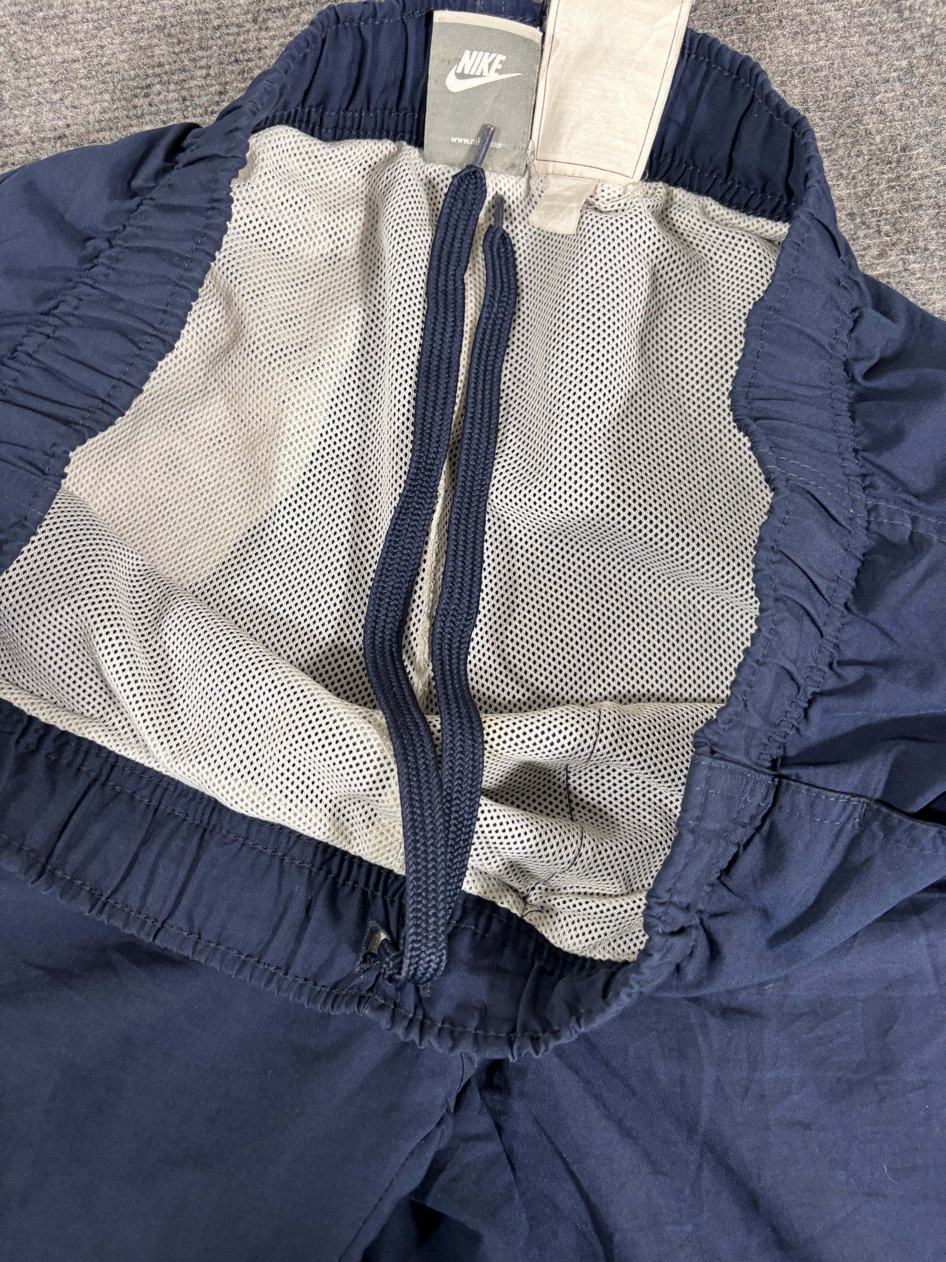 Vintage Y2K Nike Track Pants Size M Navy White Piping Swoosh Wide Leg + Ankle Swoosh