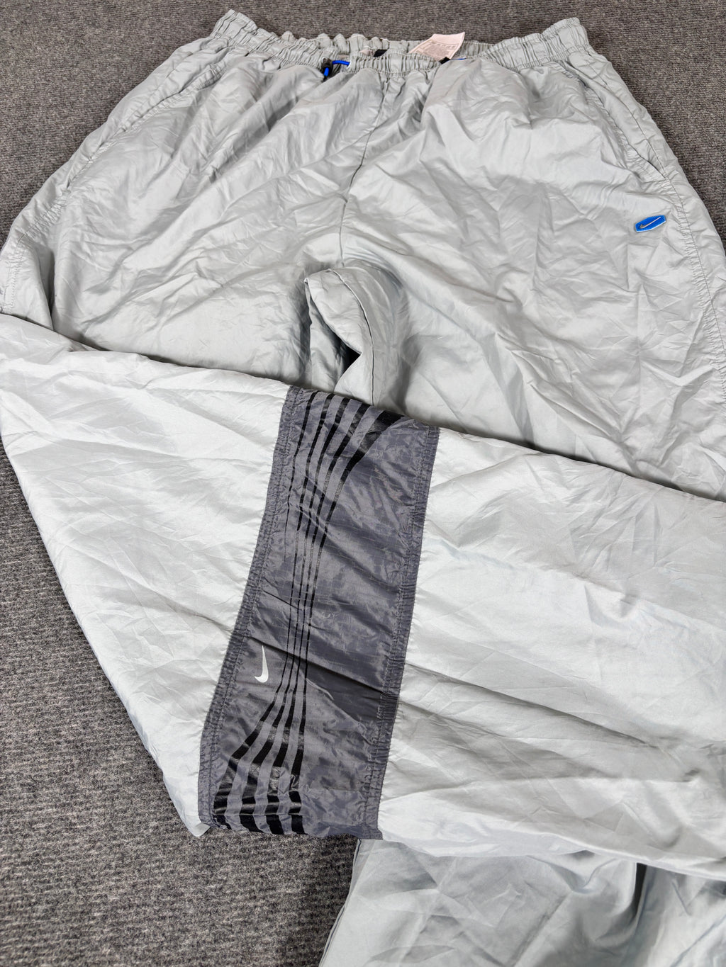 Vintage Y2K Nike Track Pants Size XL Grey Blue Hex Logo Bungee Ankle Zip Wide Leg