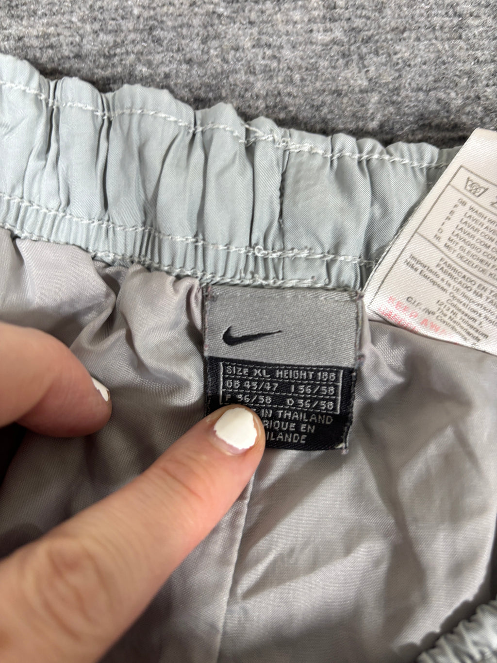 Vintage Y2K Nike Track Pants Size XL Grey Blue Hex Logo Bungee Ankle Zip Wide Leg