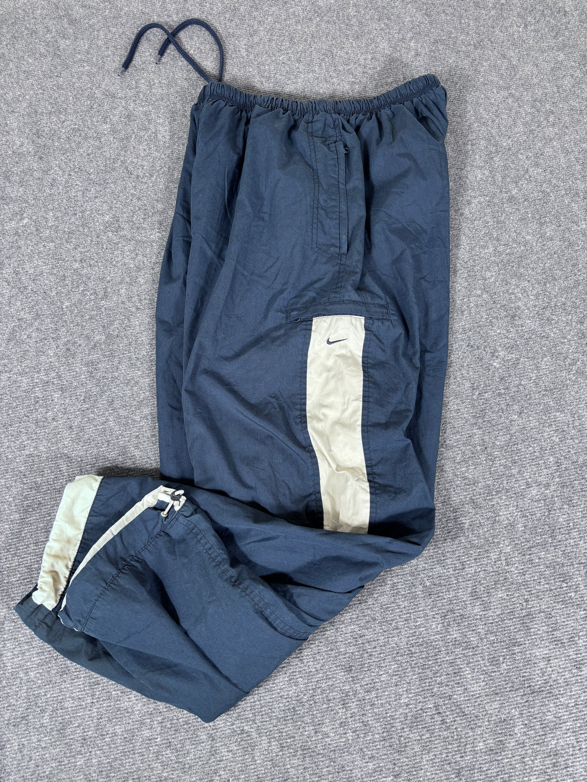 Vintage Y2K Nike Cargo Track Pants Size XL Navy Grey Detail Wide Leg Bungee Ties