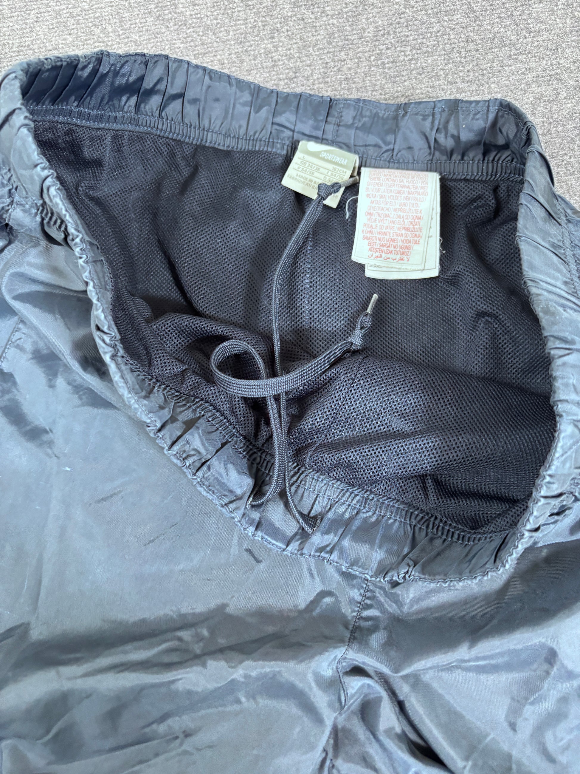 Vintage Y2K Nike Track Pants Men’s L Navy Nylon Navy White Hip Swoosh Classic Nylon Windbreakers