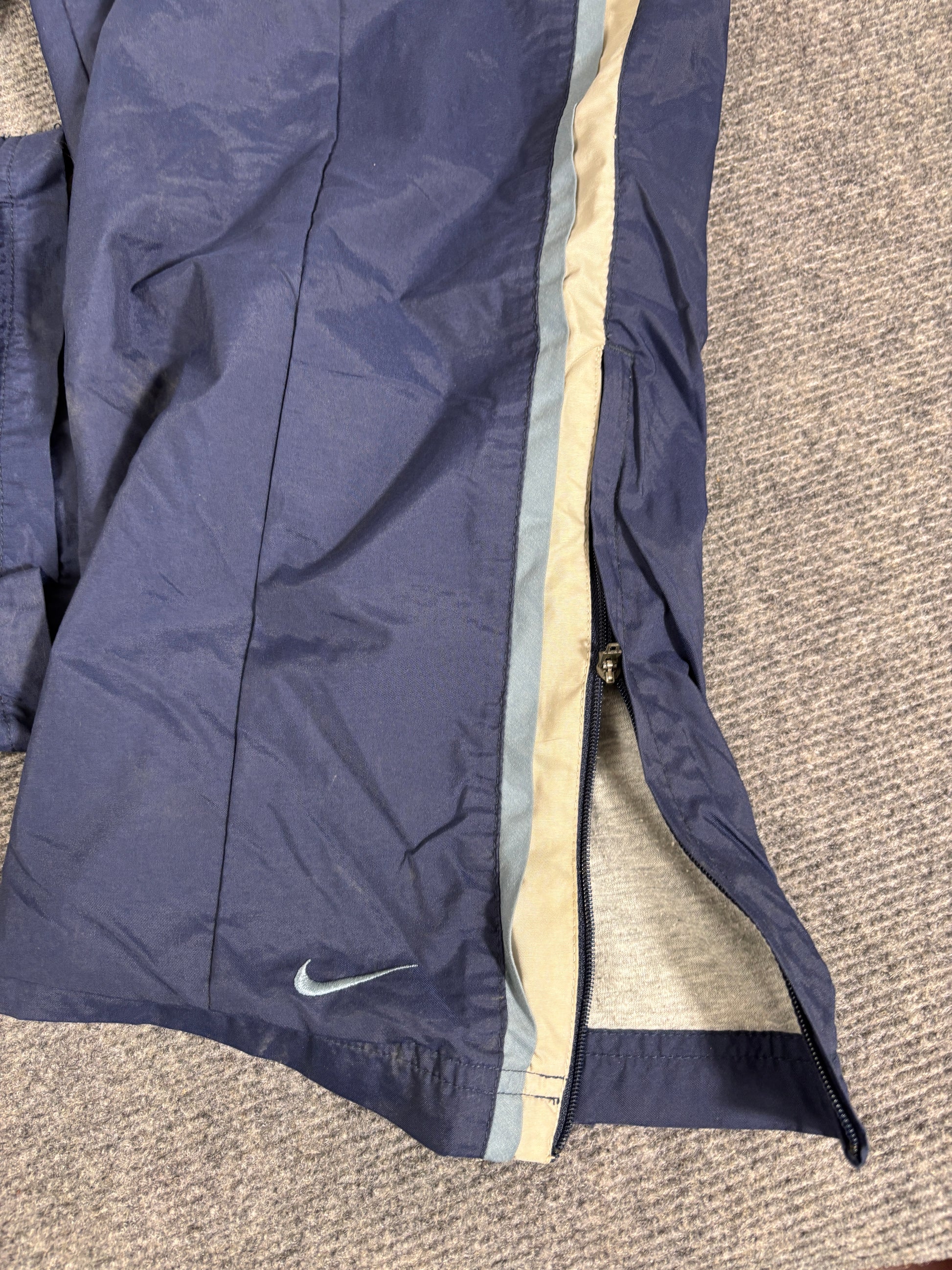 Vintage Y2K Nike Cargo Track Pants Size L Navy White Ankle Swoosh Baggy Nylon Sweatpants