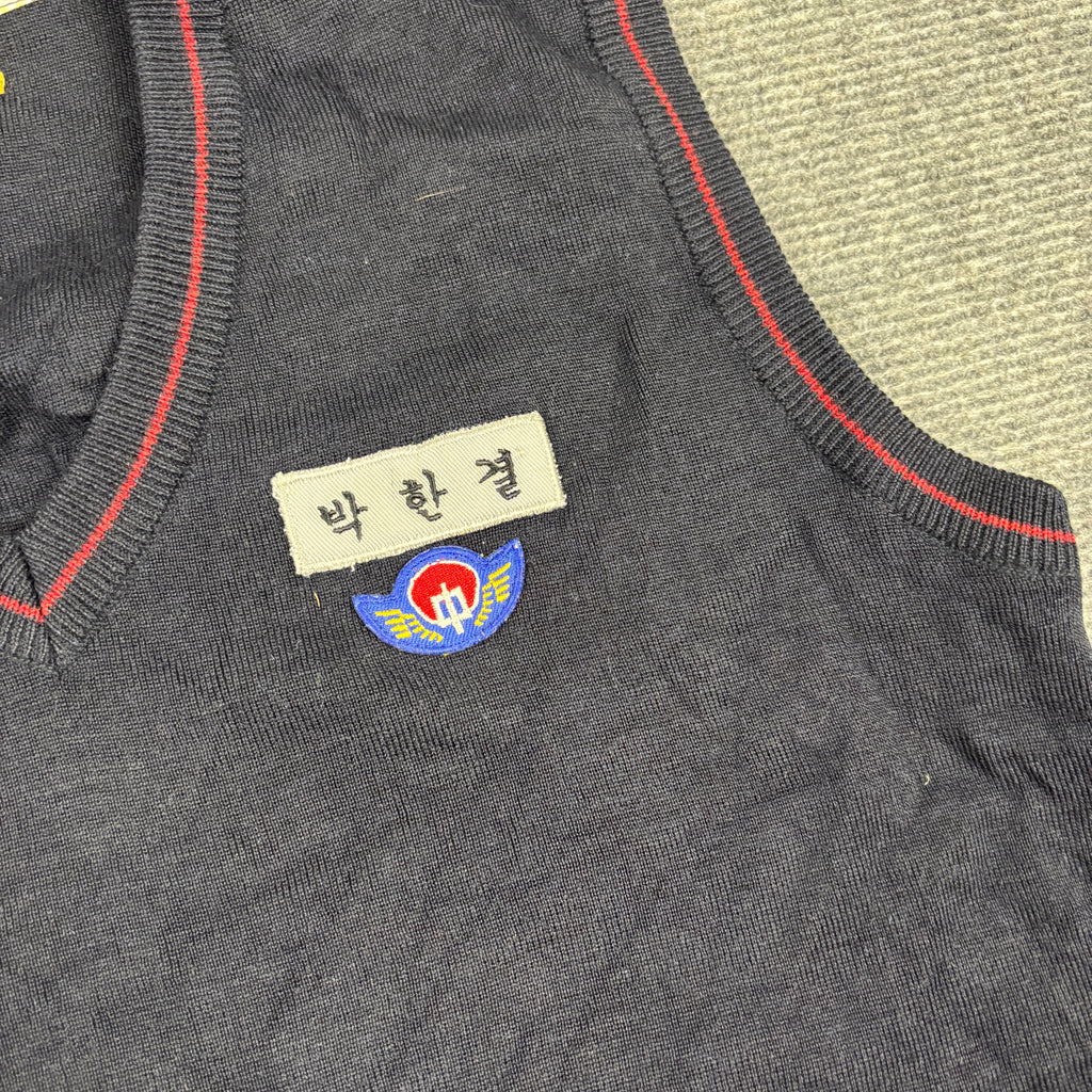 2000s Korean School Uniform Vest Women's Small Black Badge Logo V-neck