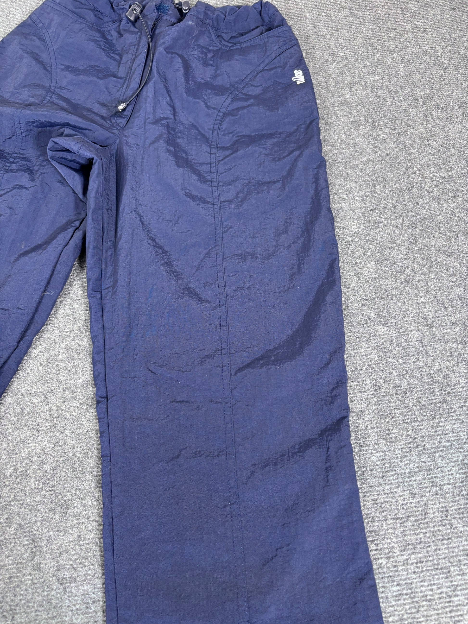 Vintage Y2K Nike Track Pants Women’s L Navy White Swoosh Spell Out Flared Leg Bungee Rare