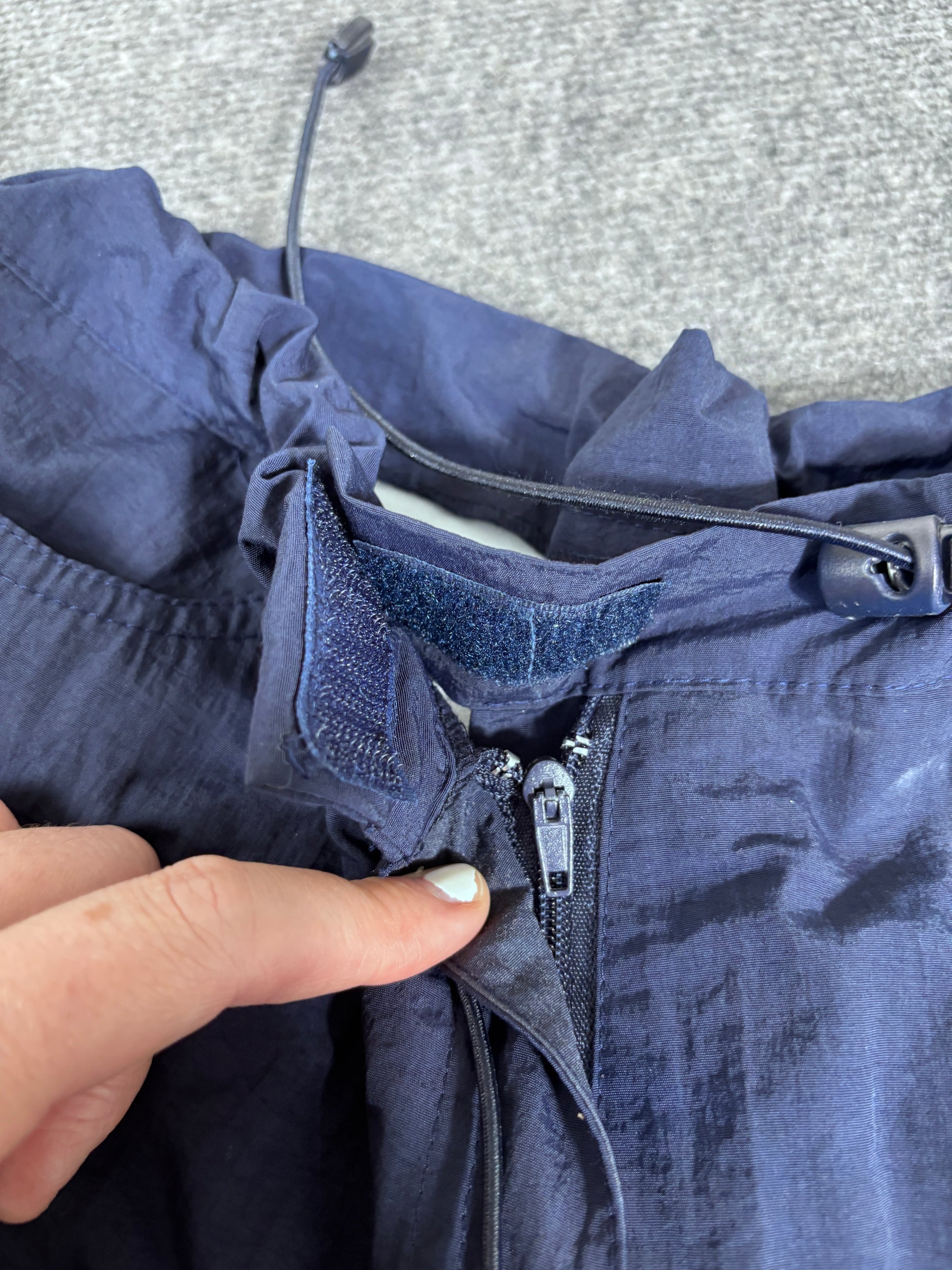 Vintage Y2K Nike Track Pants Women’s L Navy White Swoosh Spell Out Flared Leg Bungee Rare