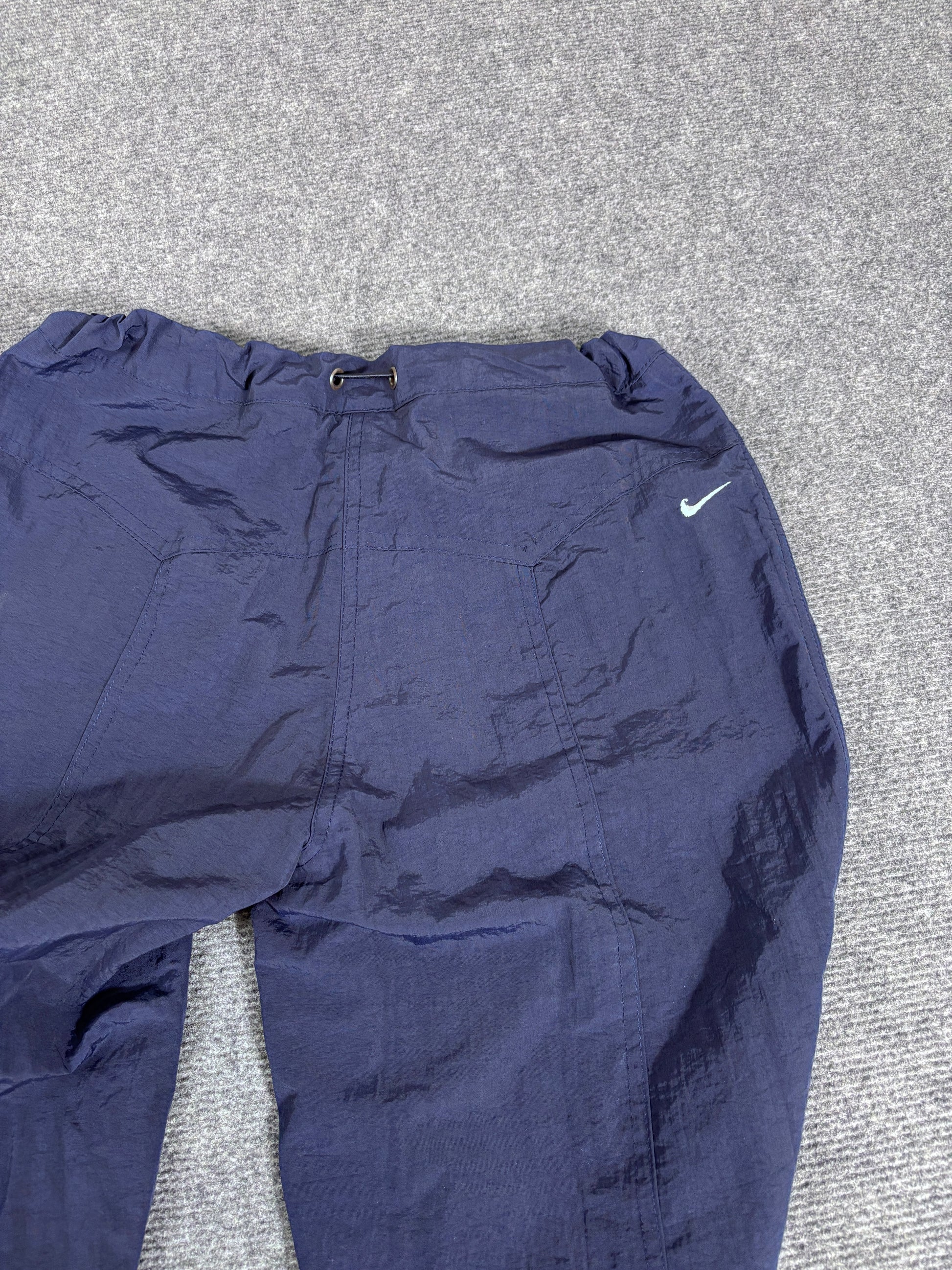 Vintage Y2K Nike Track Pants Women’s L Navy White Swoosh Spell Out Flared Leg Bungee Rare