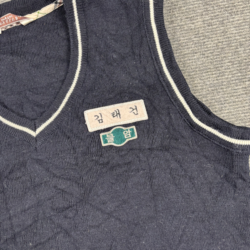 Vintage Korean School Sweater Vest Women's Small Black Badge Logo V-Neck Jumper