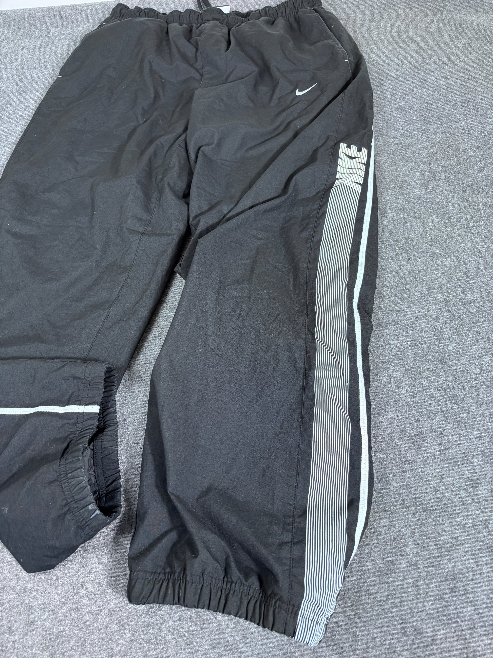 Vintage Y2K Nike Track Pants Men’s XL Black White Spell Out Logo Wide Leg Baggy