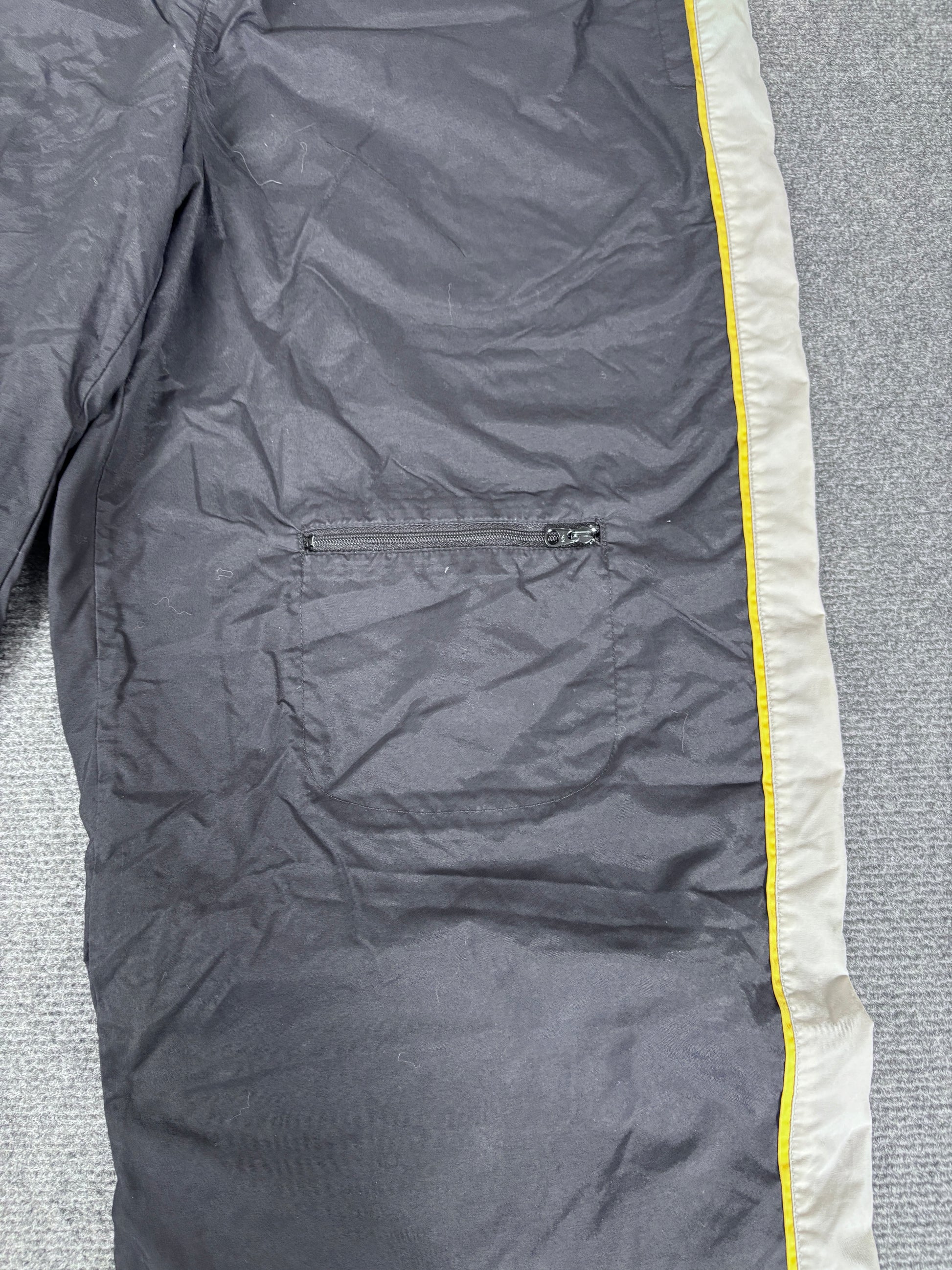 Vintage 90s Nike Track Pants Men’s M Black Grey Yellow Ankle Swoosh Front Cargo Pocket Baggy