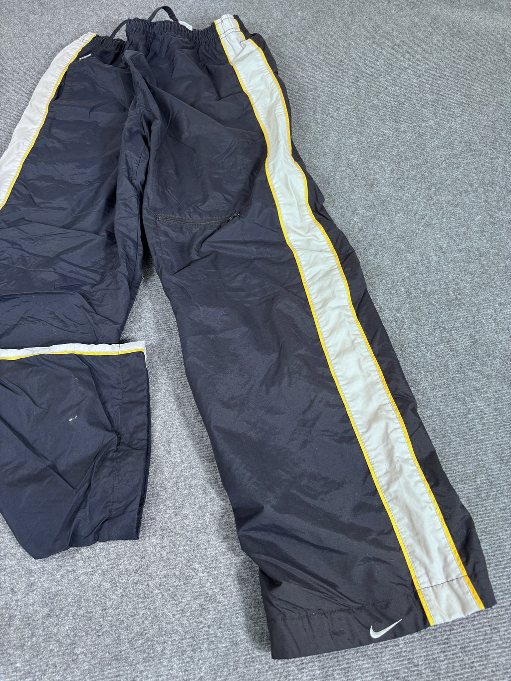 Vintage 90s Nike Track Pants Men’s M Black Grey Yellow Ankle Swoosh Front Cargo Pocket Baggy