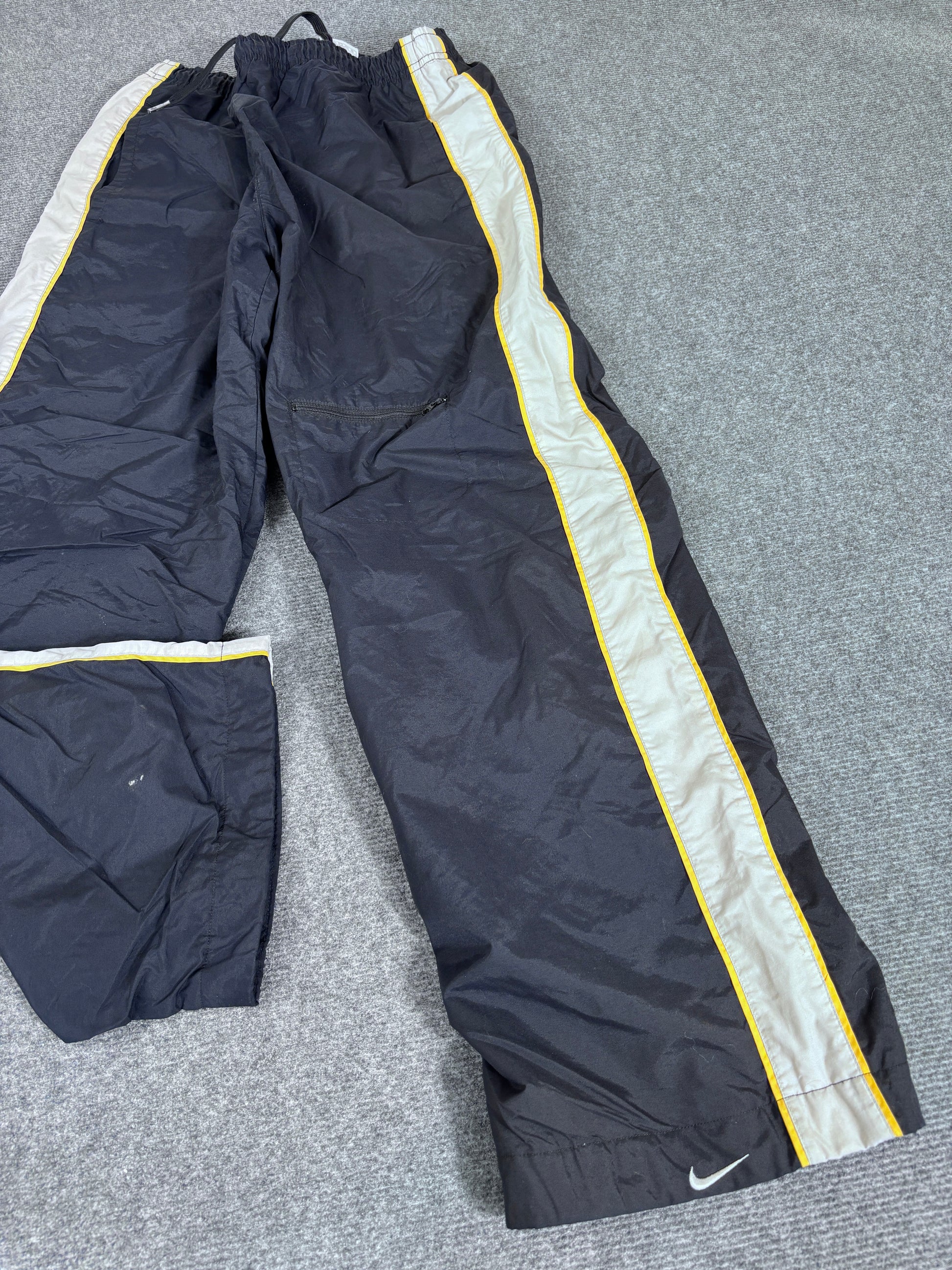 Vintage 90s Nike Track Pants Men’s M Black Grey Yellow Ankle Swoosh Front Cargo Pocket Baggy