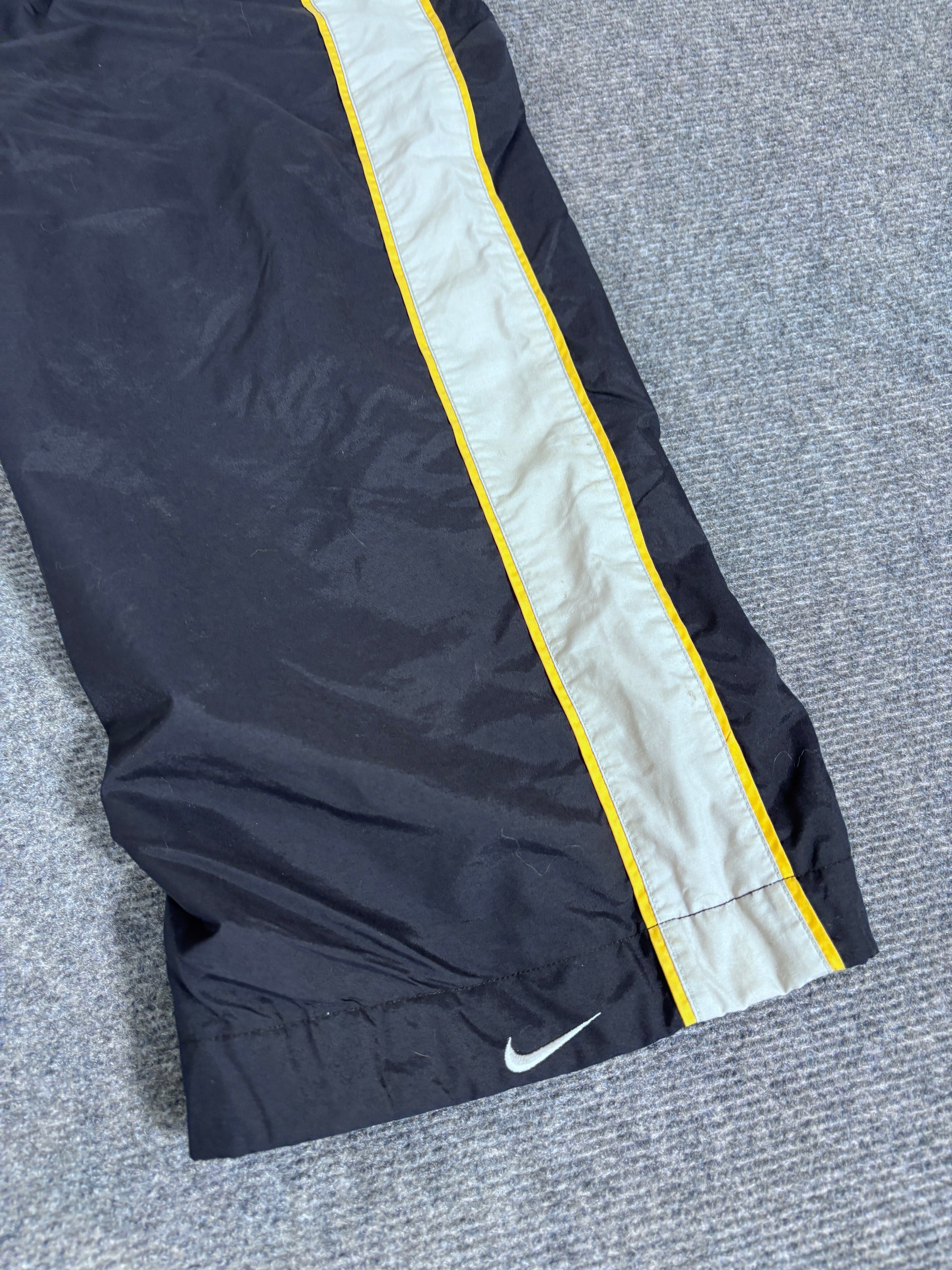 Vintage 90s Nike Track Pants Men’s M Black Grey Yellow Ankle Swoosh Front Cargo Pocket Baggy