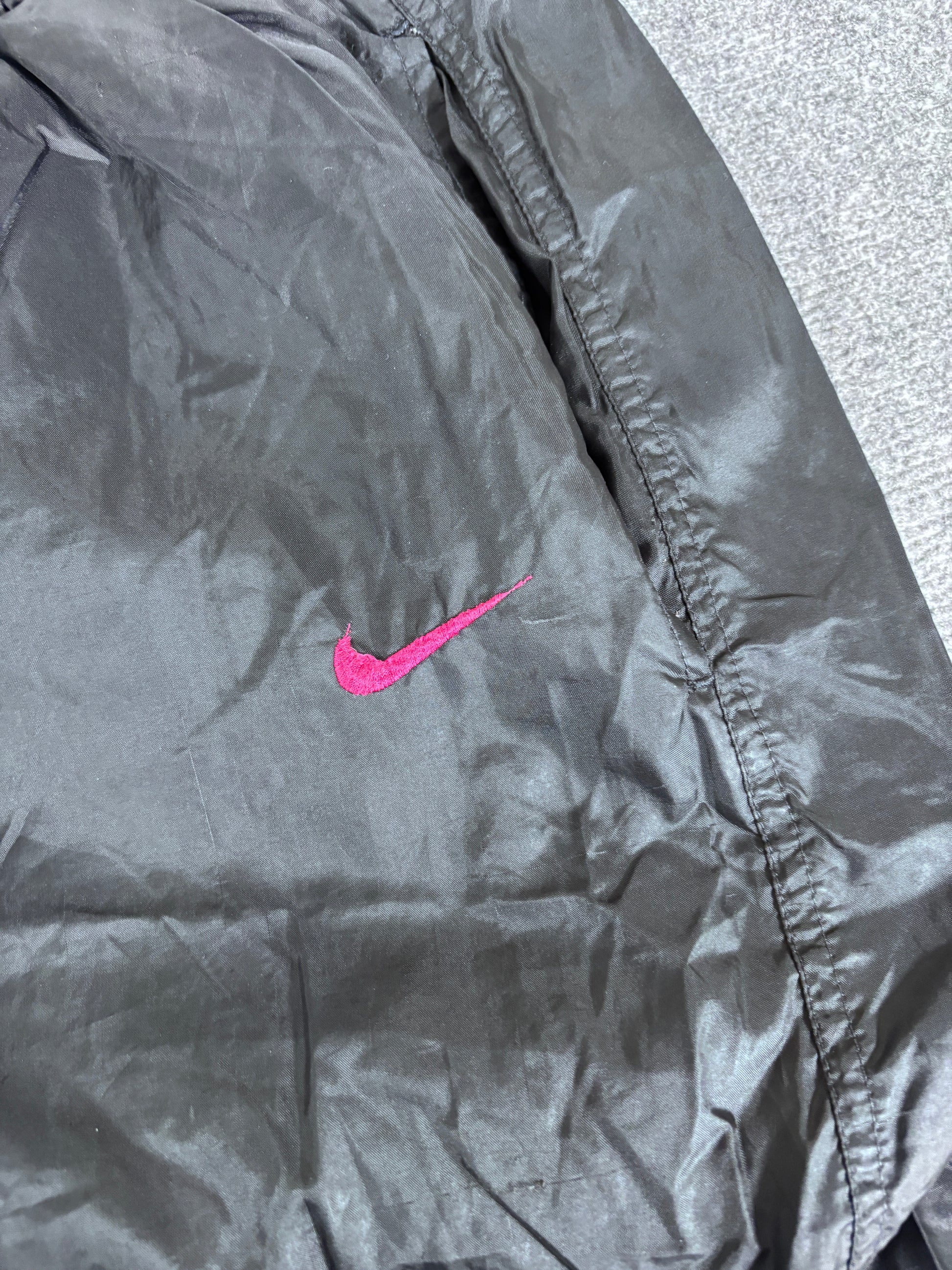 Vintage 90s Nike Track Pants Men’s L Black Pink Swoosh Cuffed Nylon Windbreakers