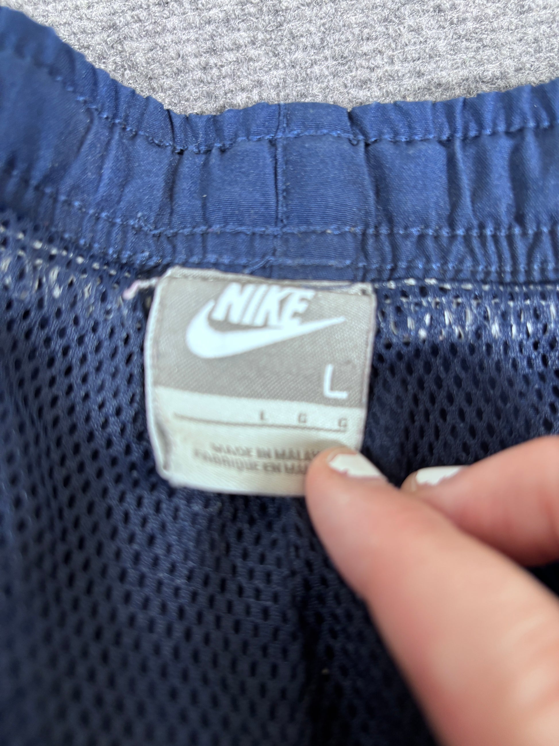 Vintage Y2K Nike Track Pants Women’s L Navy White Ankle Swoosh Wide Leg Ankle Zip